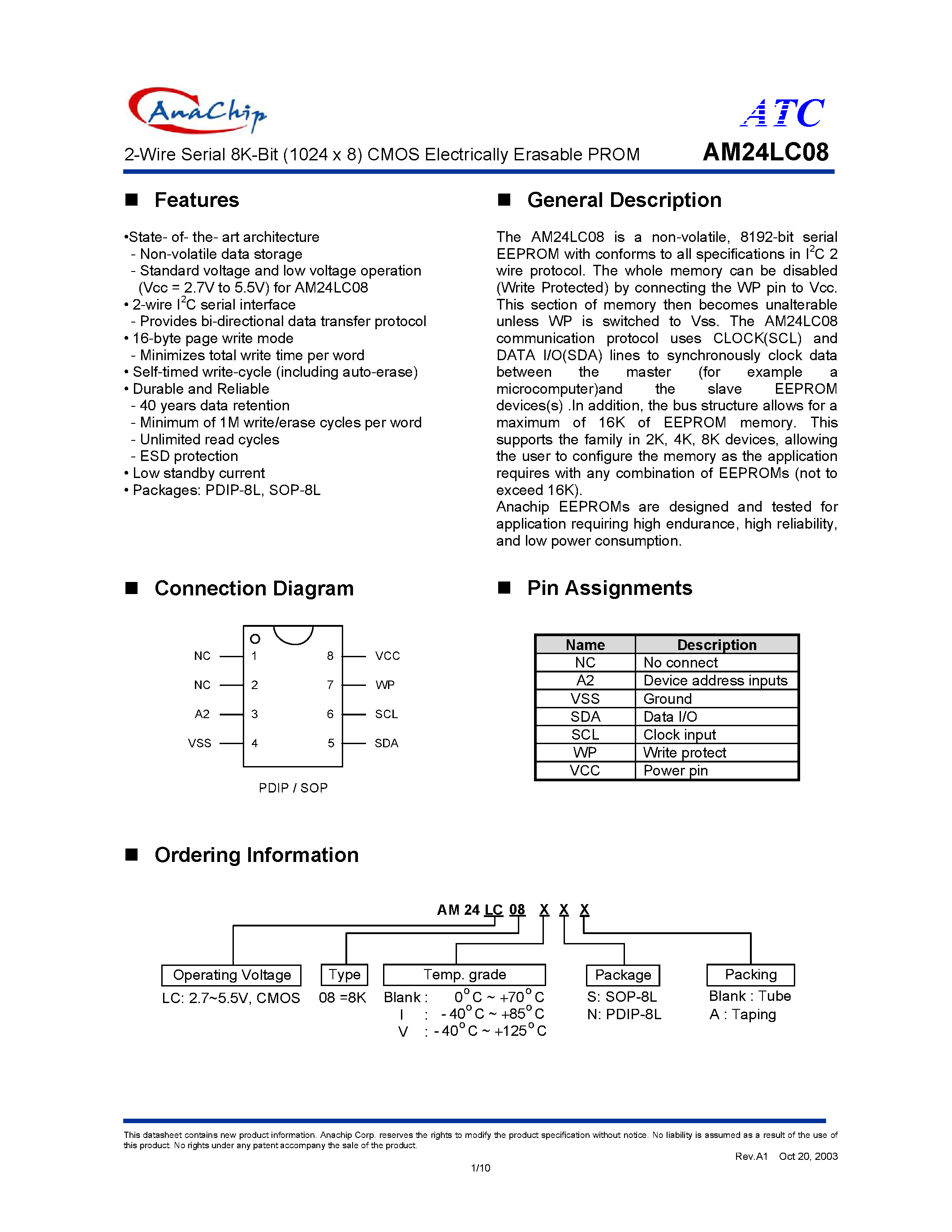 Datasheet AM24LC08SA - 2-Wire Serial 8K-Bit (1024 x 8) CMOS Electrically Erasable PROM page 1