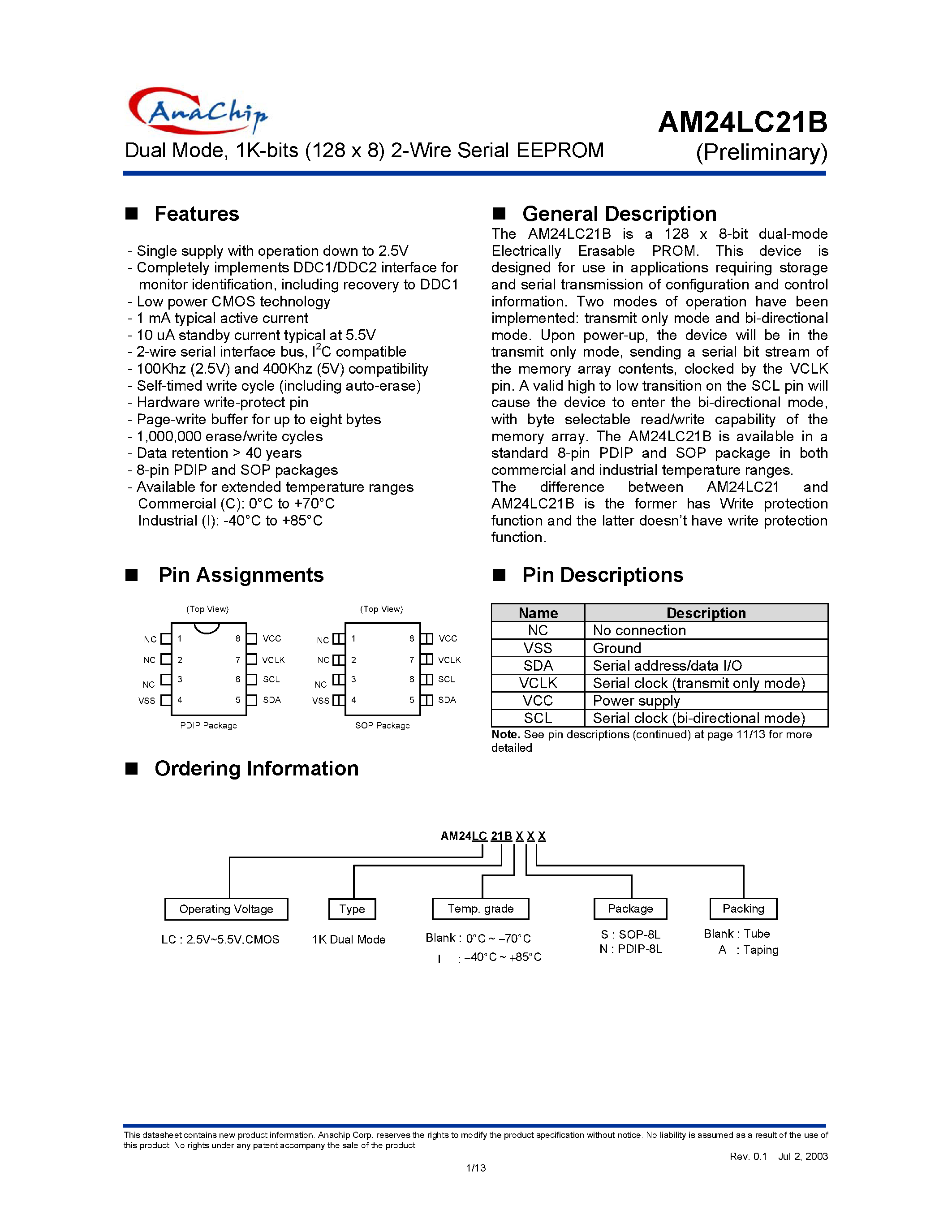 Datasheet AM24LC21BIN - Dual Mode/ 1K-bits (128 x 8) 2-Wire Serial EEPROM page 1