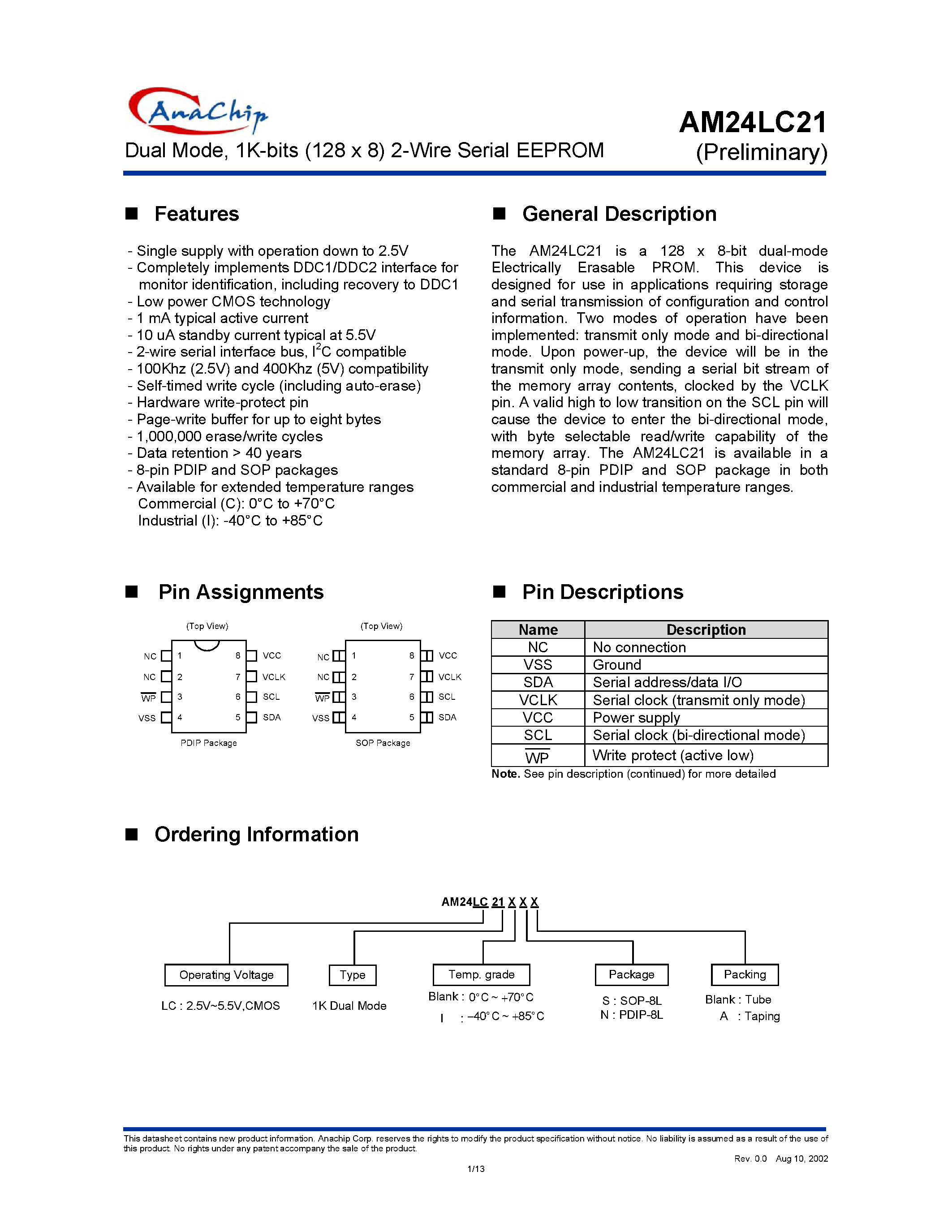 Datasheet AM24LC21IS - Dual Mode/ 1K-bits (128 x 8) 2-Wire Serial EEPROM page 1
