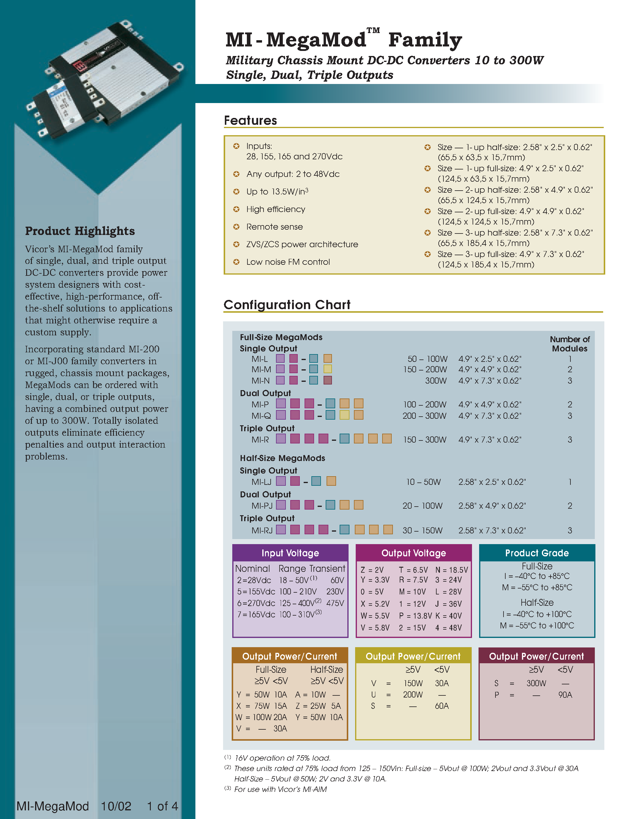 Datasheet MI-Q62-MSA page 1 Datasheet MI-Q62-MSA - Military Chassis Mount DC-DC Converters 10 to 300W Single/ Dual/ Triple Outputs page 1