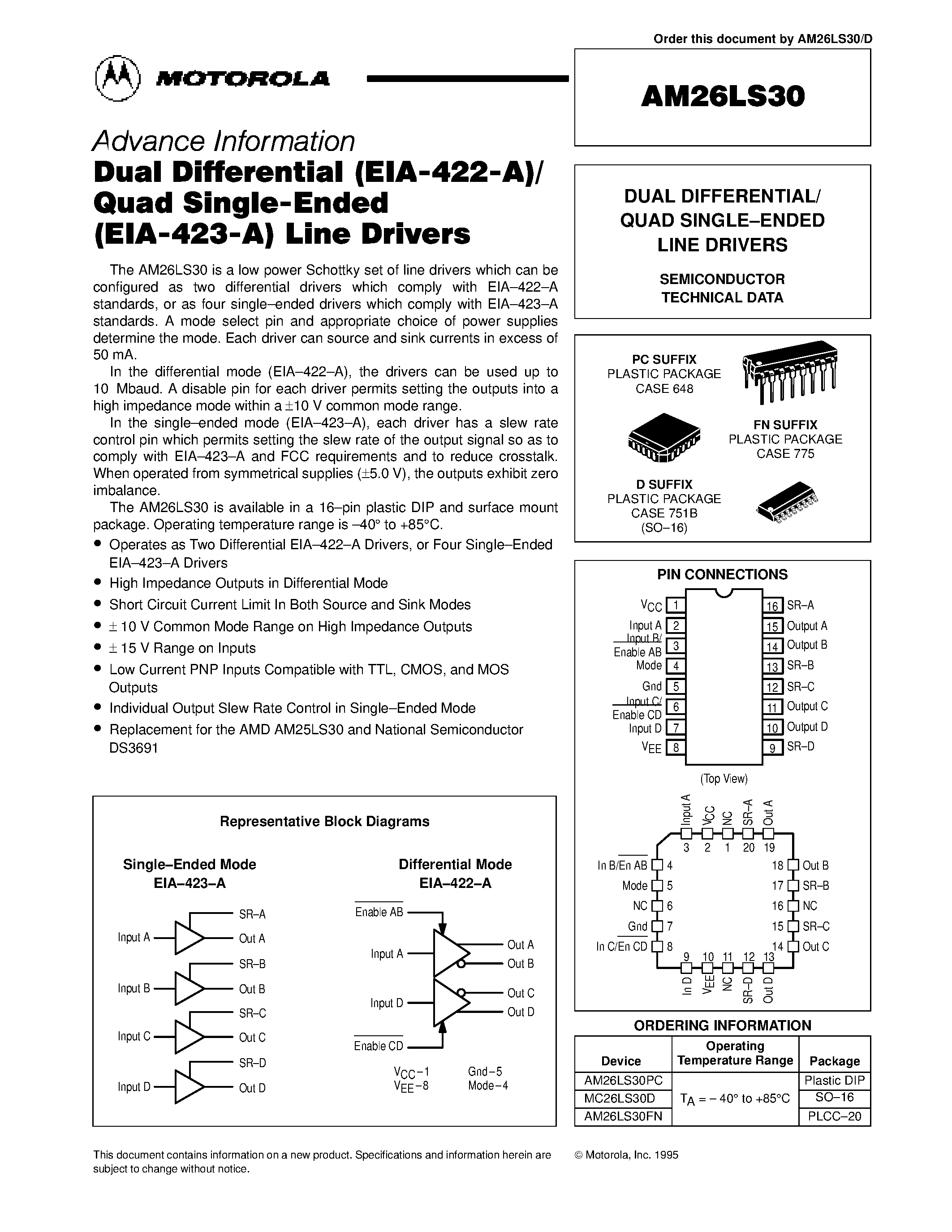 Datasheet AM26LS30 - DUAL DIFFERENTIAL/ QUAD SINGLE.ENDED LINE DRIVERS page 1