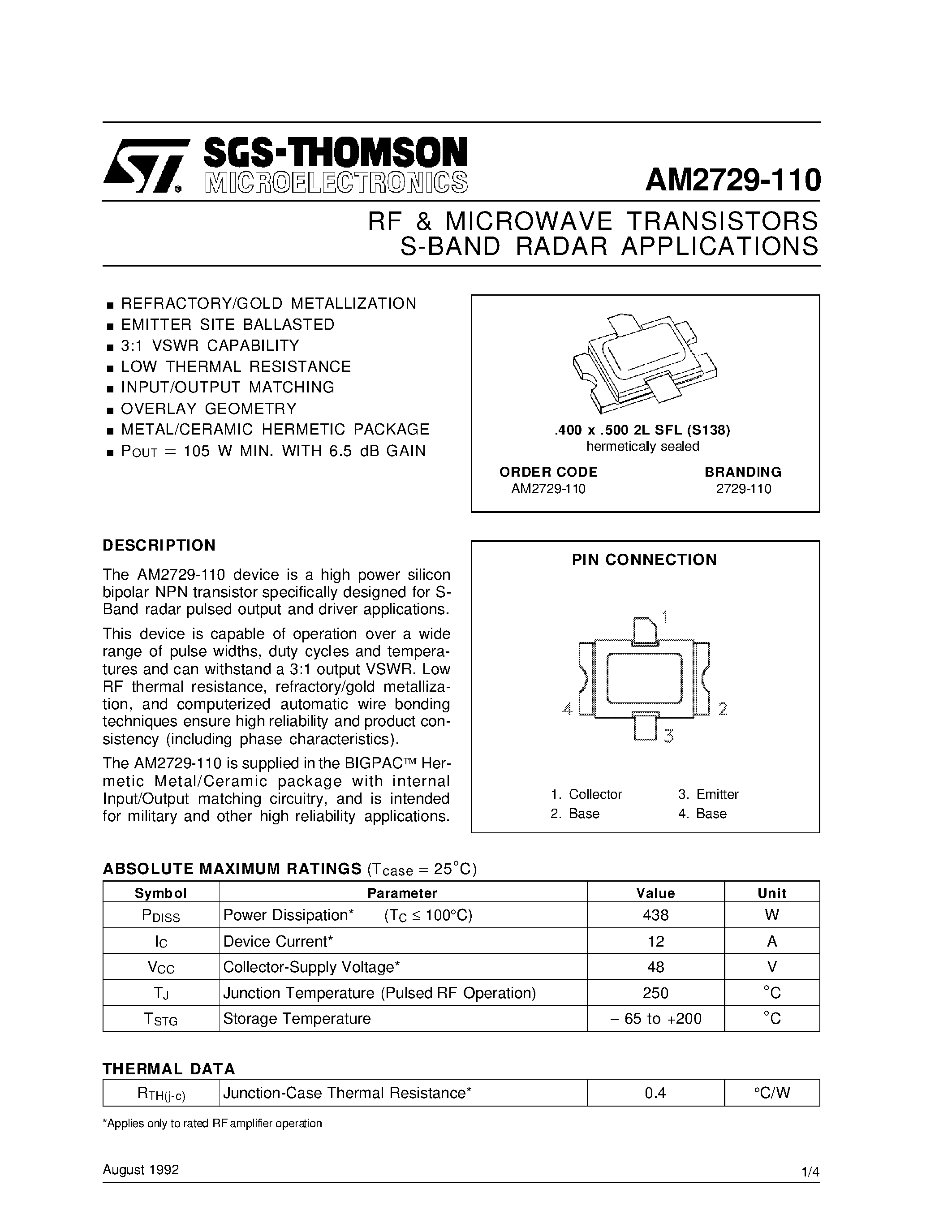 Datasheet AM2729-110 - S-BAND RADAR APPLICATIONS RF & MICROWAVE TRANSISTORS page 1