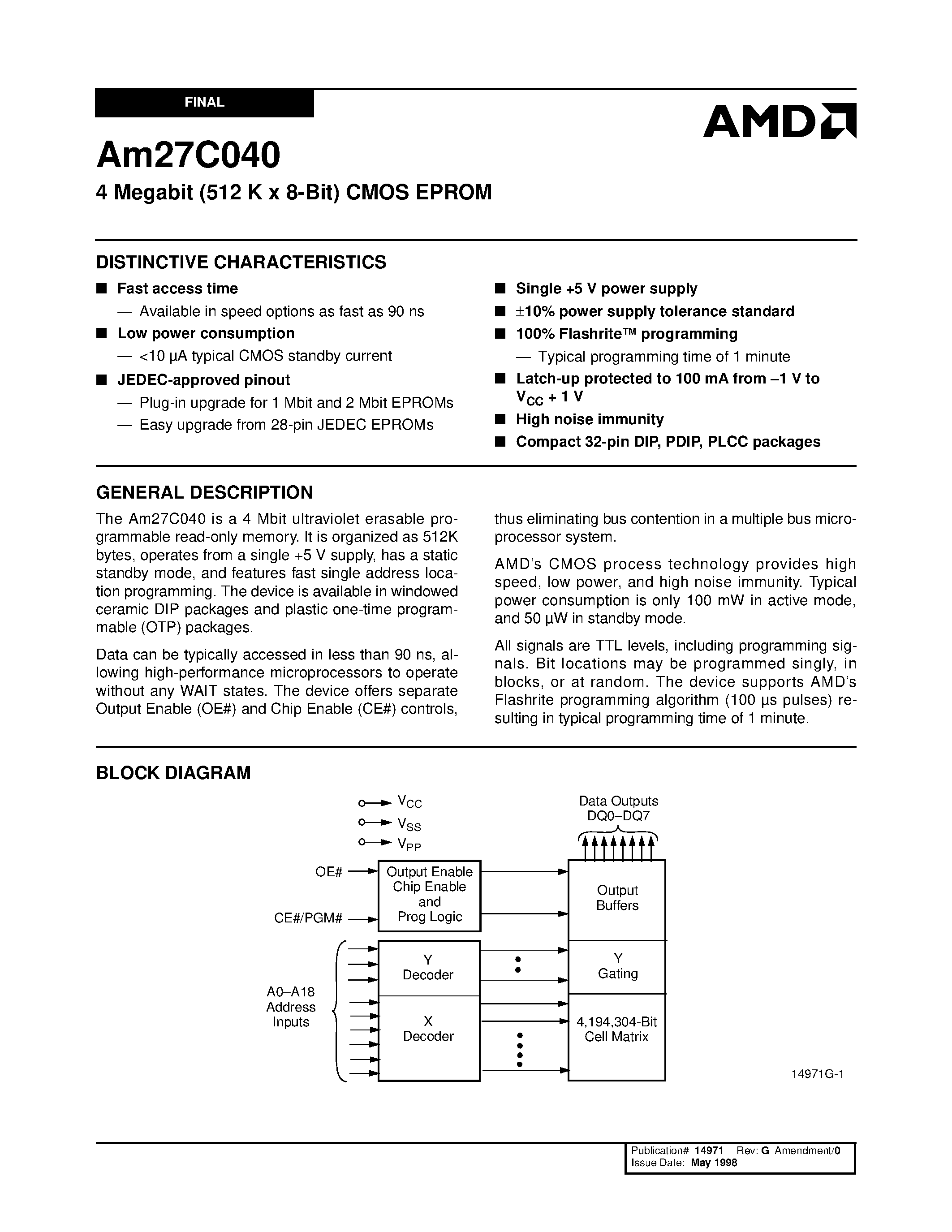 Даташит AM27C040-90PE - 4 Megabit (512 K x 8-Bit) CMOS EPROM страница 1