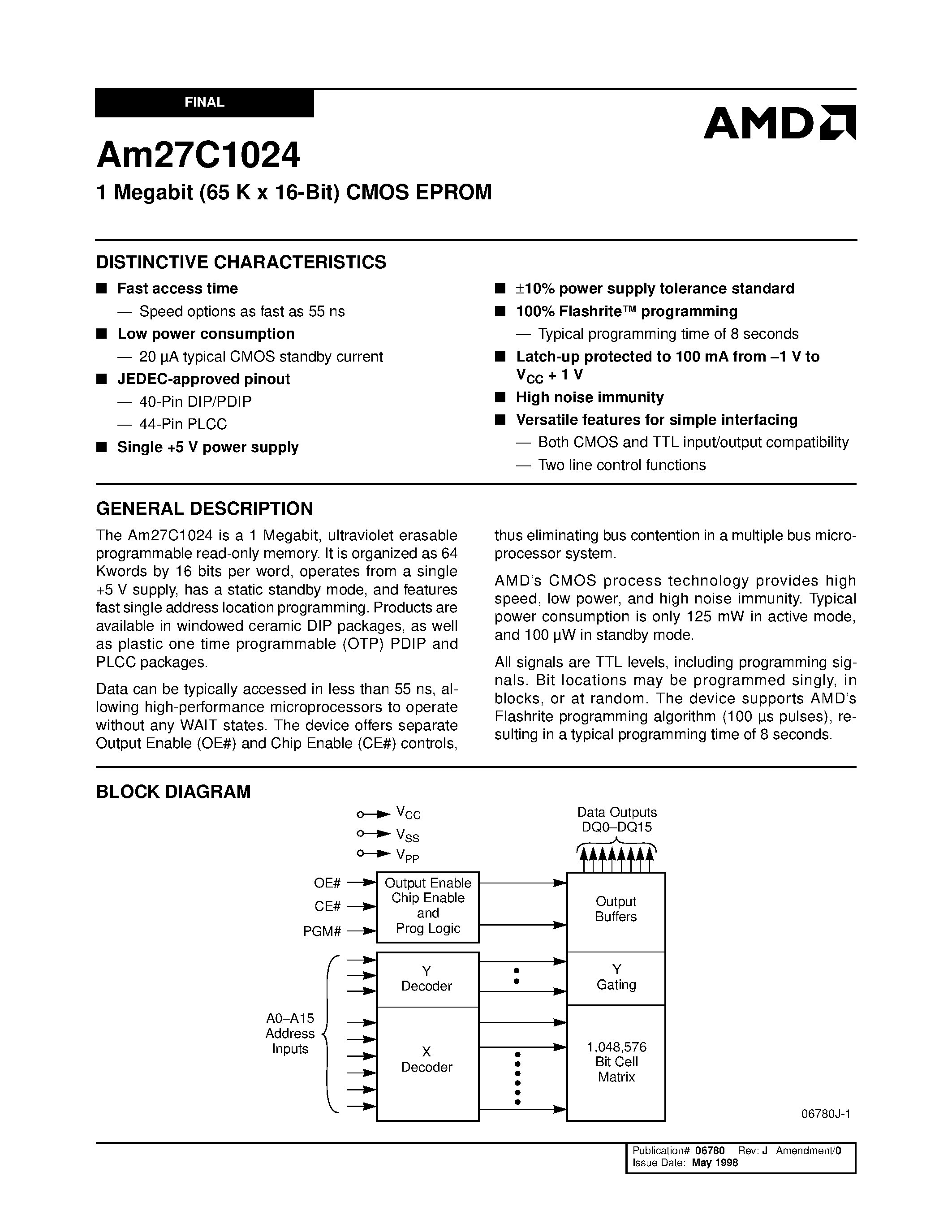 Даташит Am27C1024-55DI5B - 1 Megabit (65 K x 16-Bit) CMOS EPROM страница 1