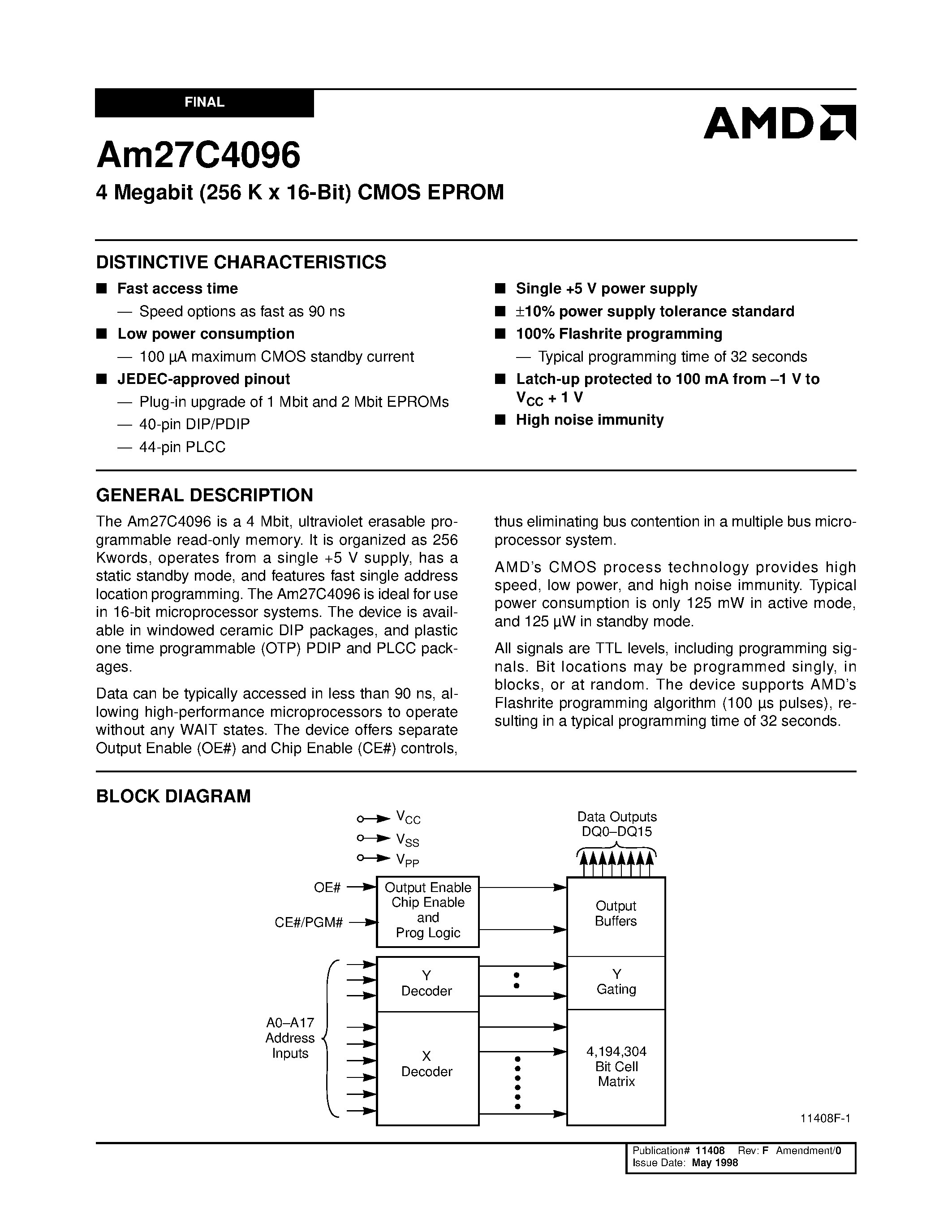 Даташит Am27C4096-105DIB - 4 Megabit (256 K x 16-Bit) CMOS EPROM страница 1