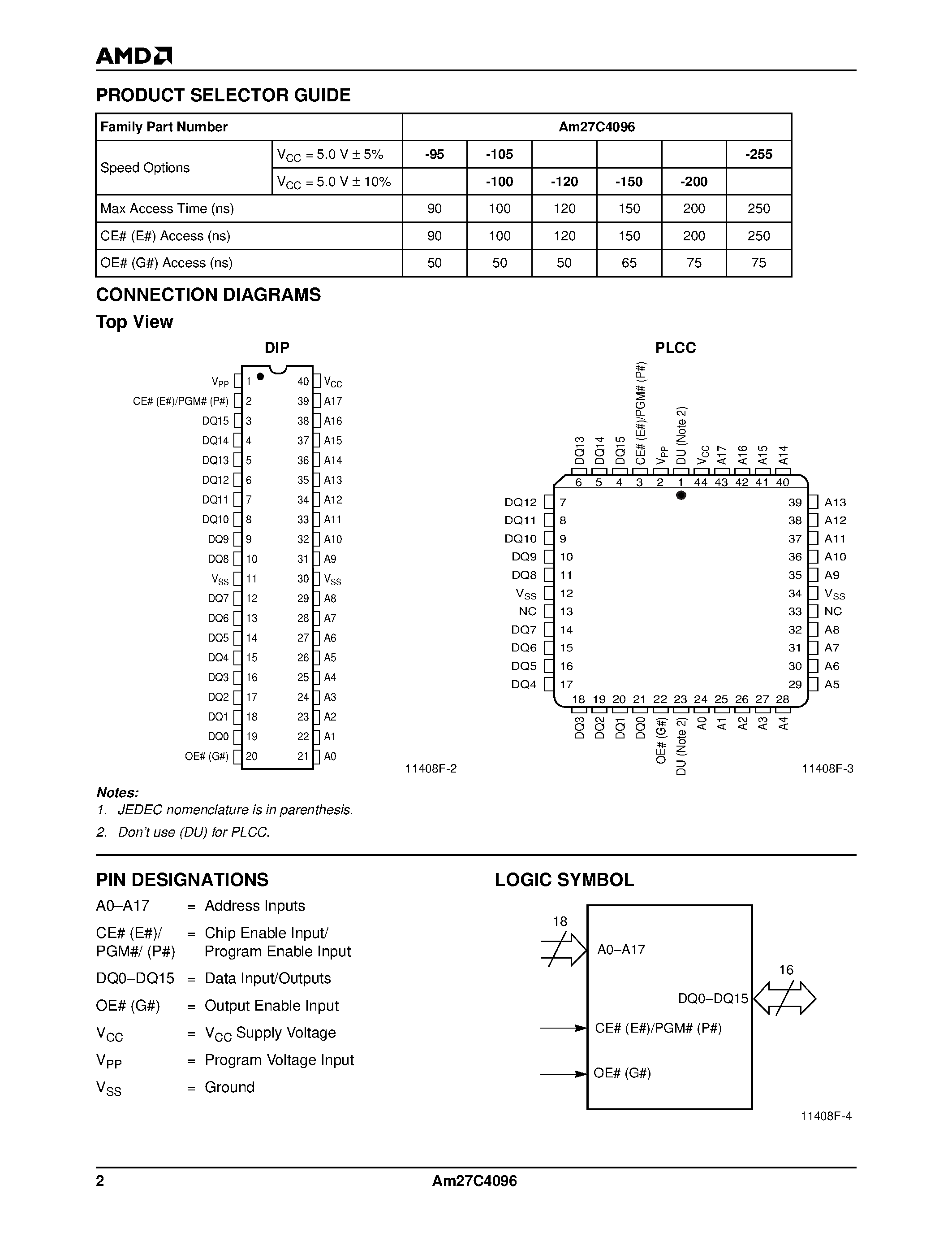 Даташит Am27C4096-95DEB - 4 Megabit (256 K x 16-Bit) CMOS EPROM страница 2