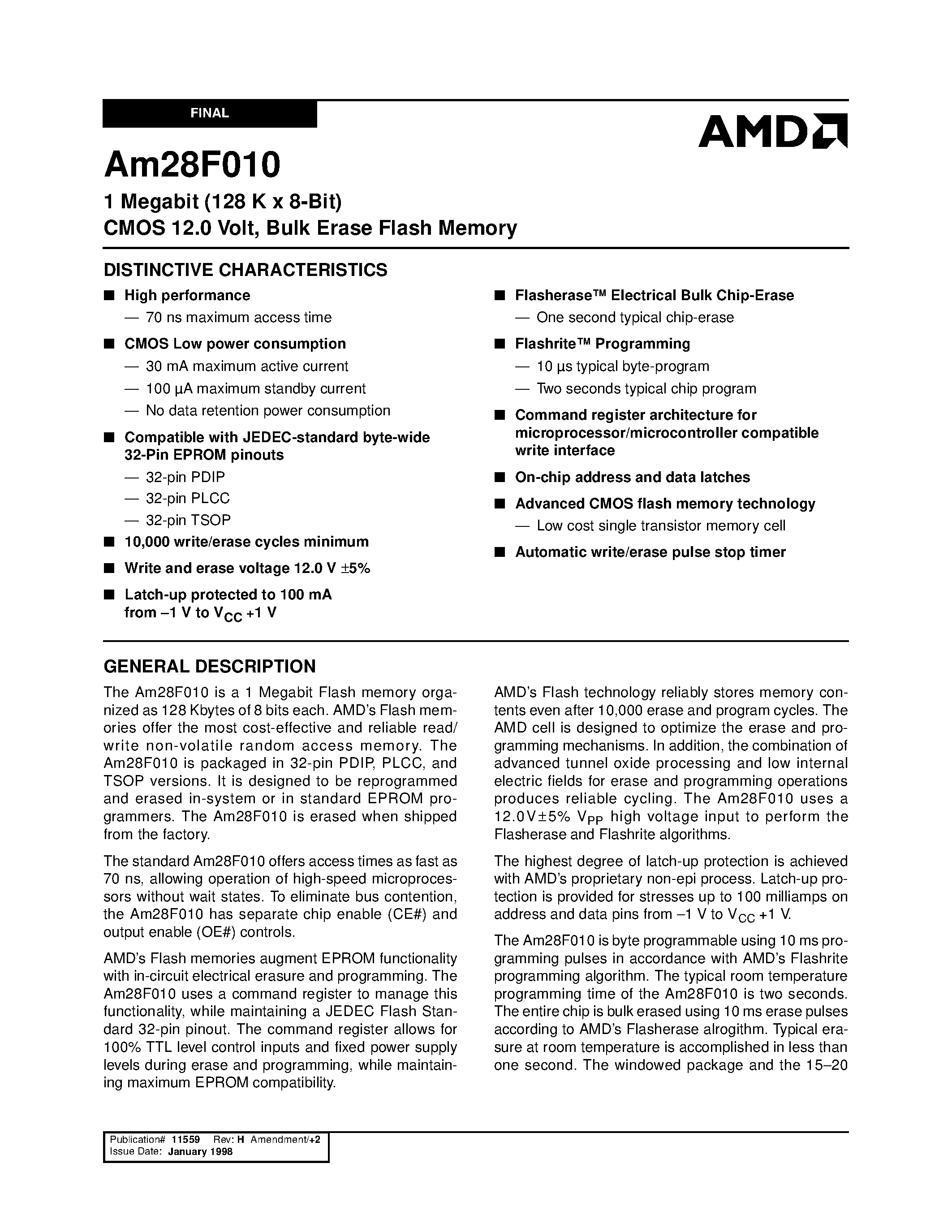 Datasheet AM27F010-200FC - 1 Megabit (128 K x 8-Bit) CMOS 12.0 Volt/ Bulk Erase Flash Memory page 1
