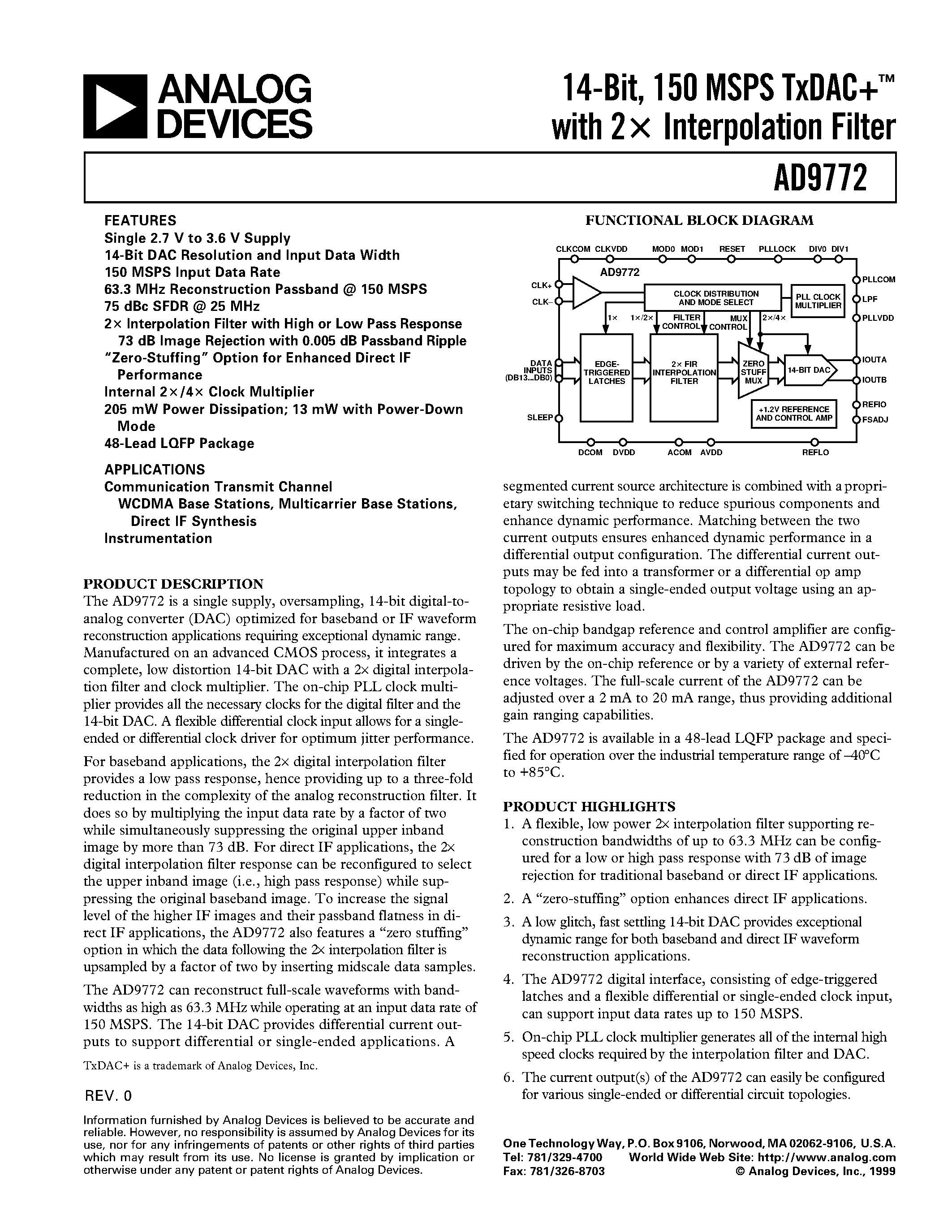 Datasheet AD9772 page 1 Datasheet AD9772 - 14-Bit/ 150 MSPS TxDAC with 2x Interpolation Filter page 1