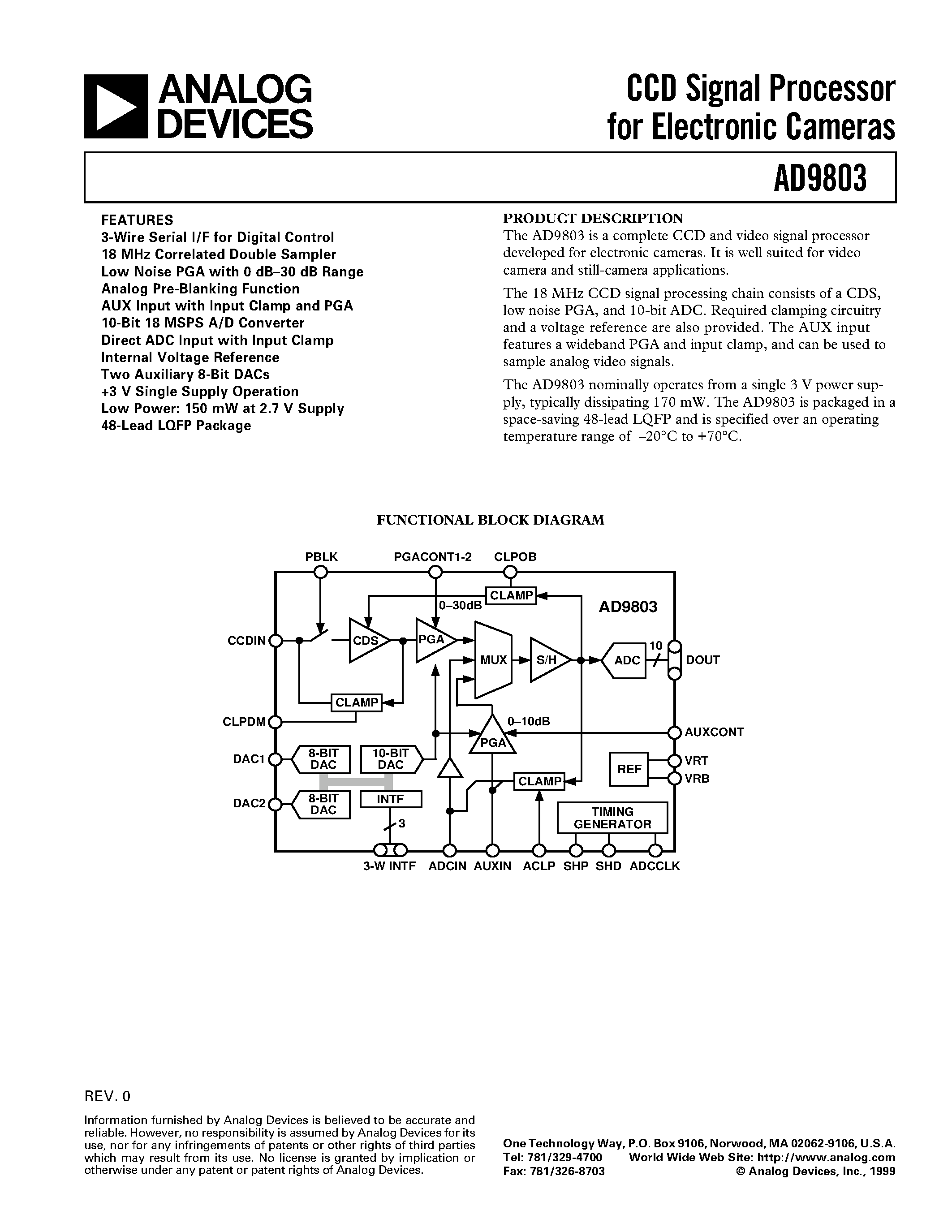 Datasheet AD9803JST page 1 Datasheet AD9803JST - CCD Signal Processor For Electronic Cameras page 1