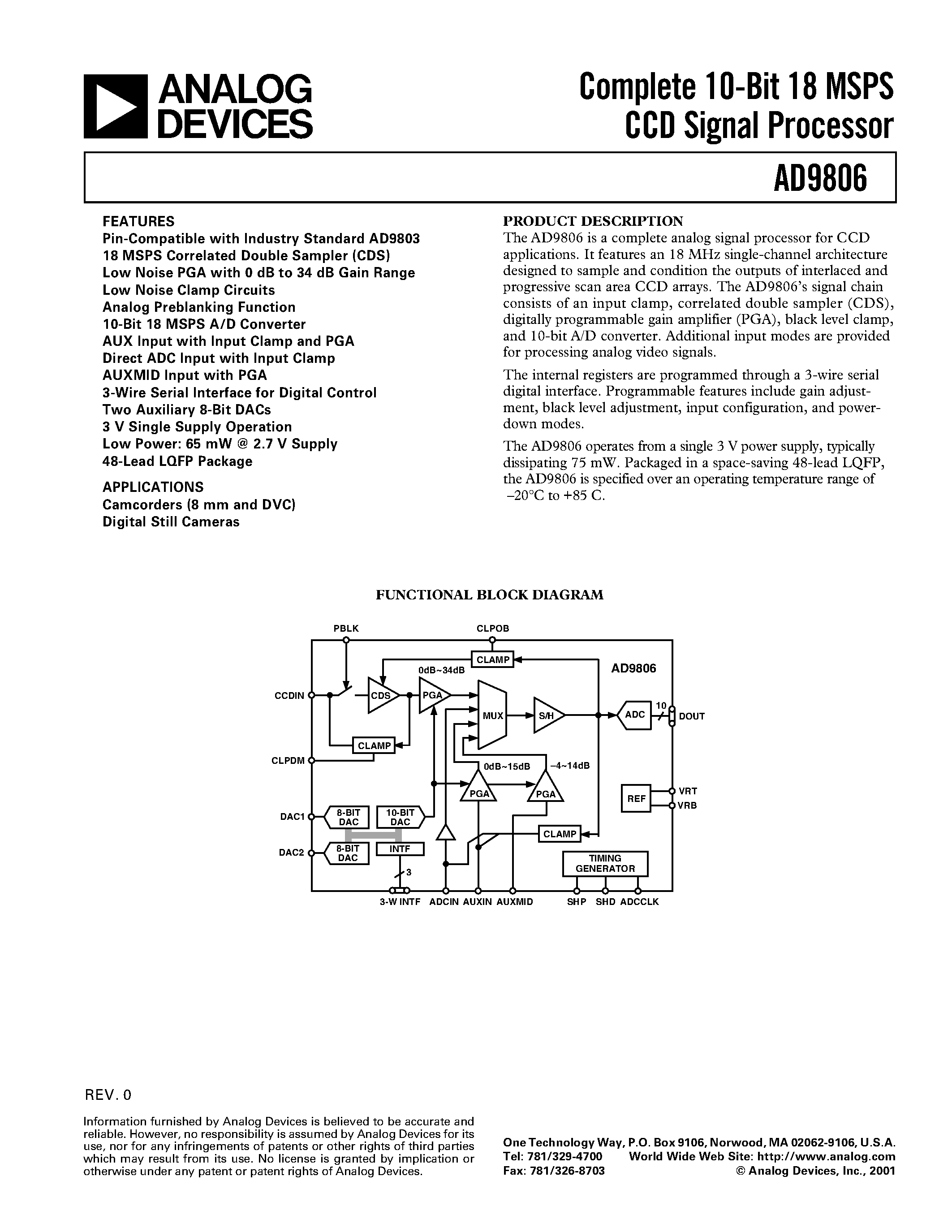 Datasheet AD9806KST page 1 Datasheet AD9806KST - Complete 10-Bit 18 MSPS CCD Signal Processor page 1