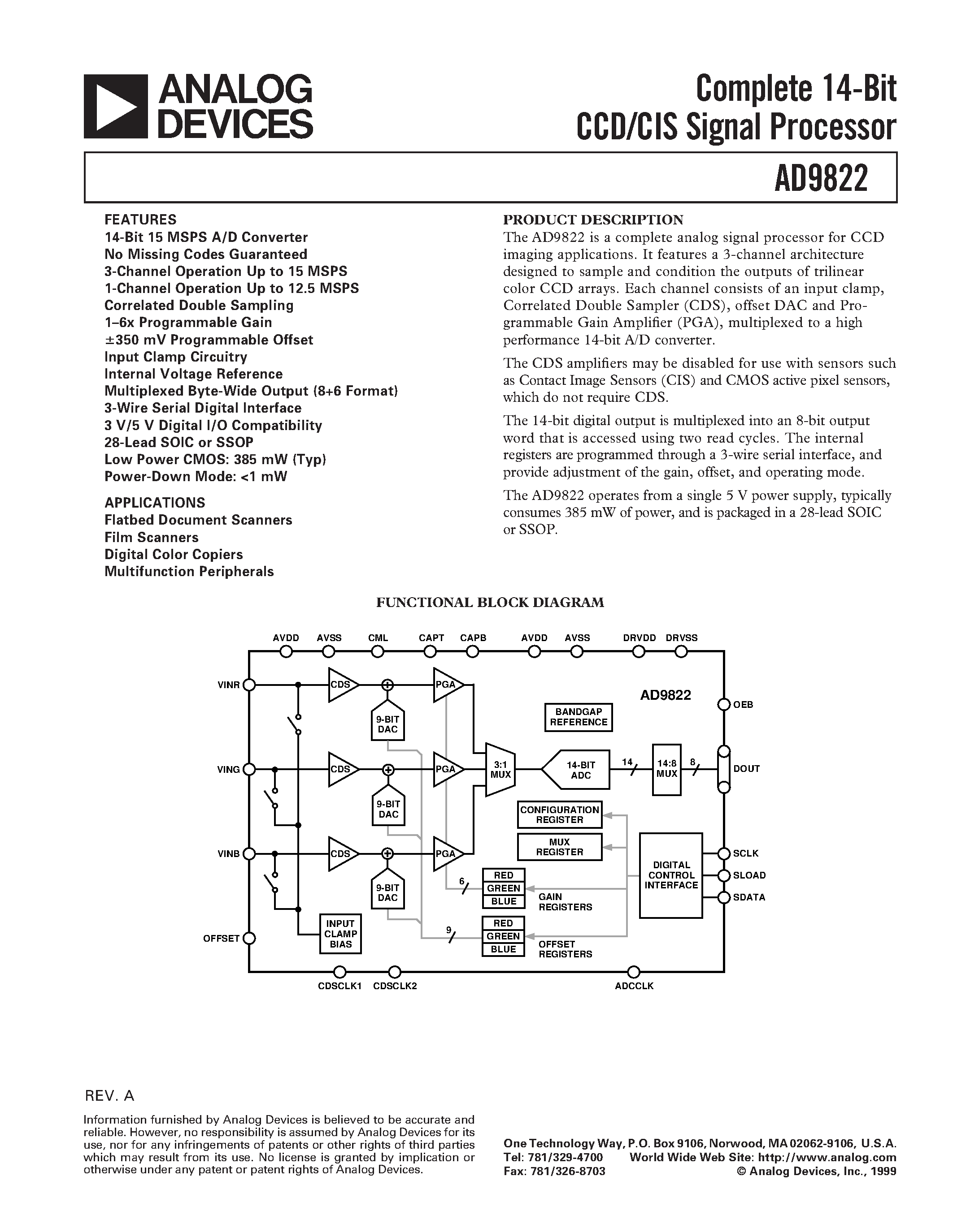 Datasheet AD9822JRS page 1 Datasheet AD9822JRS - Complete 14-Bit CCD/CIS Signal Processor page 1