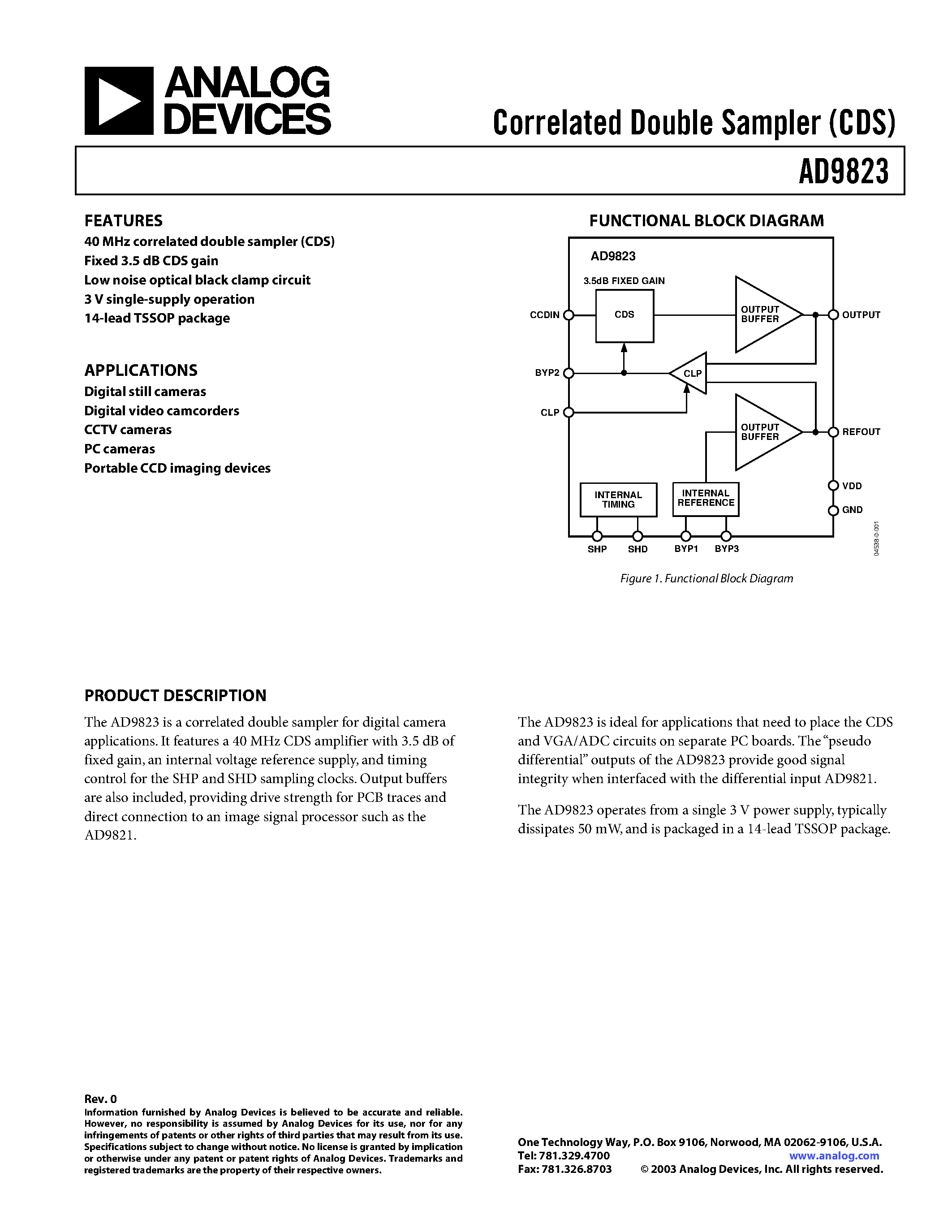 Datasheet AD9823 page 1 Datasheet AD9823 - Correlated Double Sampler (CDS) page 1