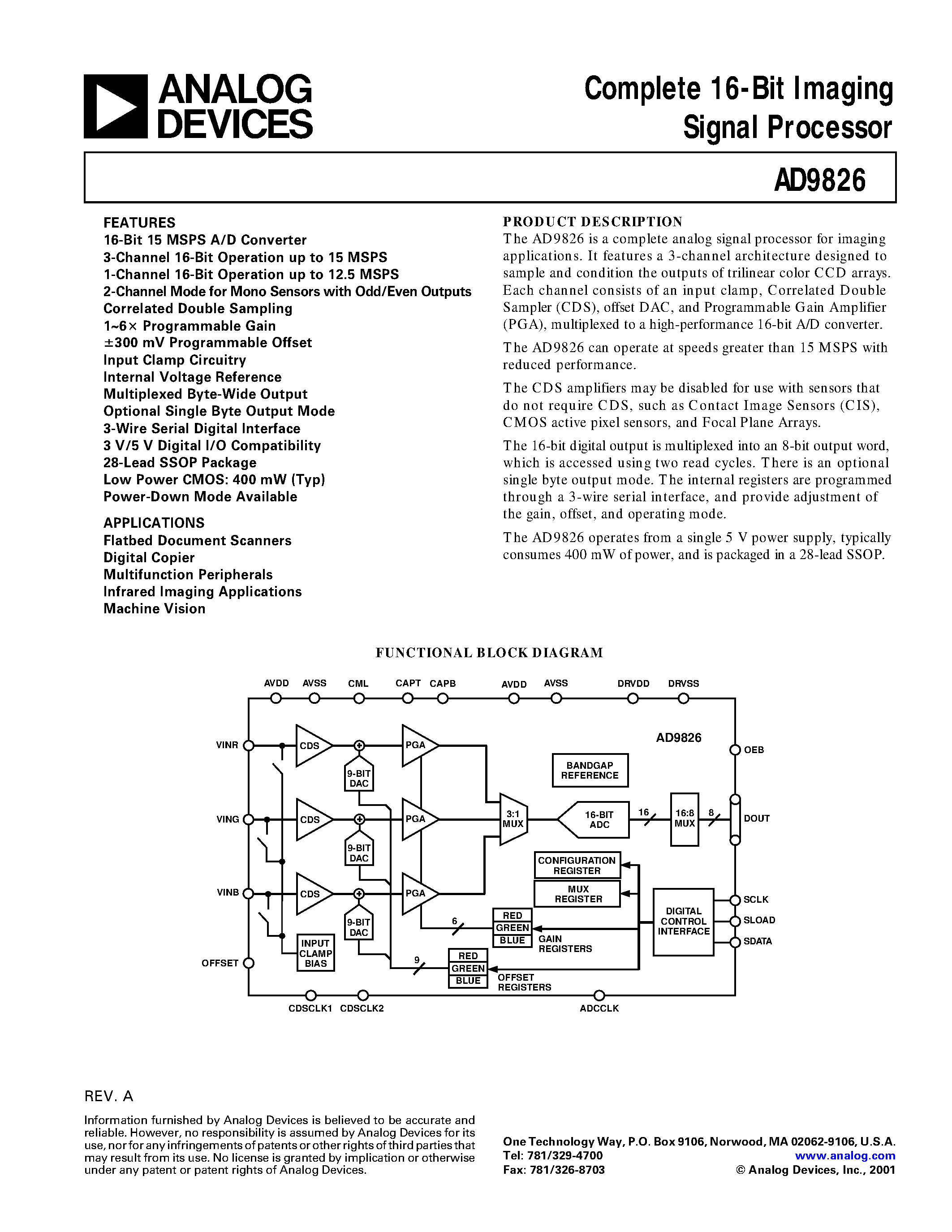 Datasheet AD9826KRS page 1 Datasheet AD9826KRS - Complete 16-Bit Imaging Signal Processor page 1