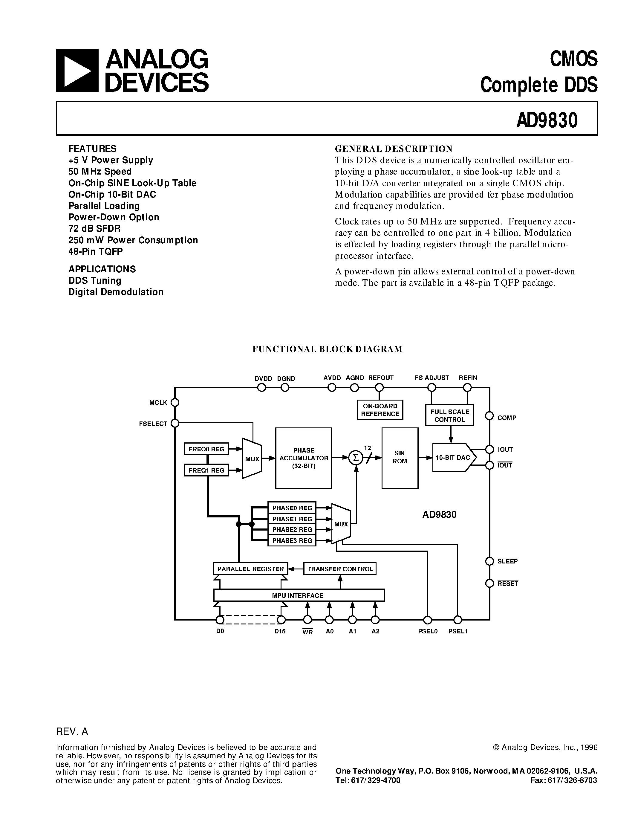 Datasheet AD9830 page 1 Datasheet AD9830 - CMOS Complete DDS page 1