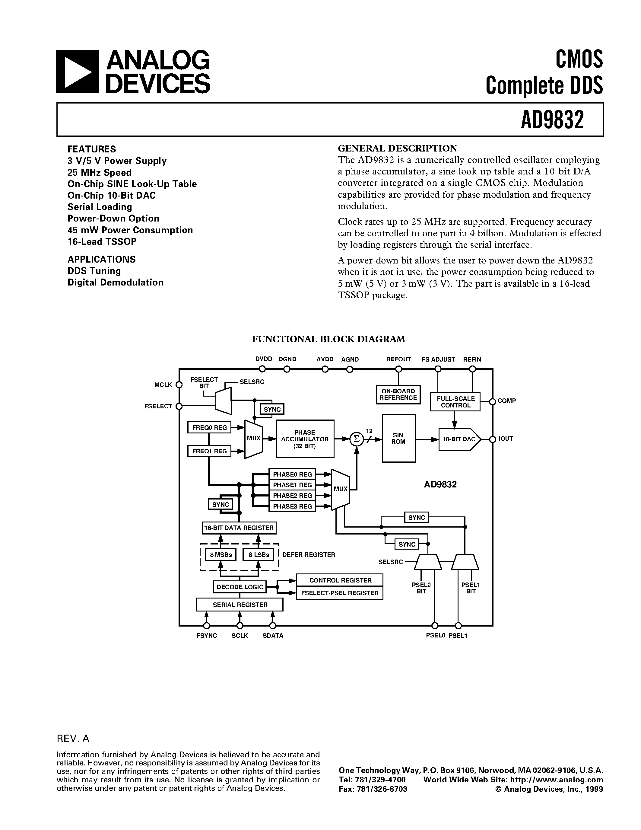 Datasheet AD9832BRU page 1 Datasheet AD9832BRU - CMOS Complete DDS page 1