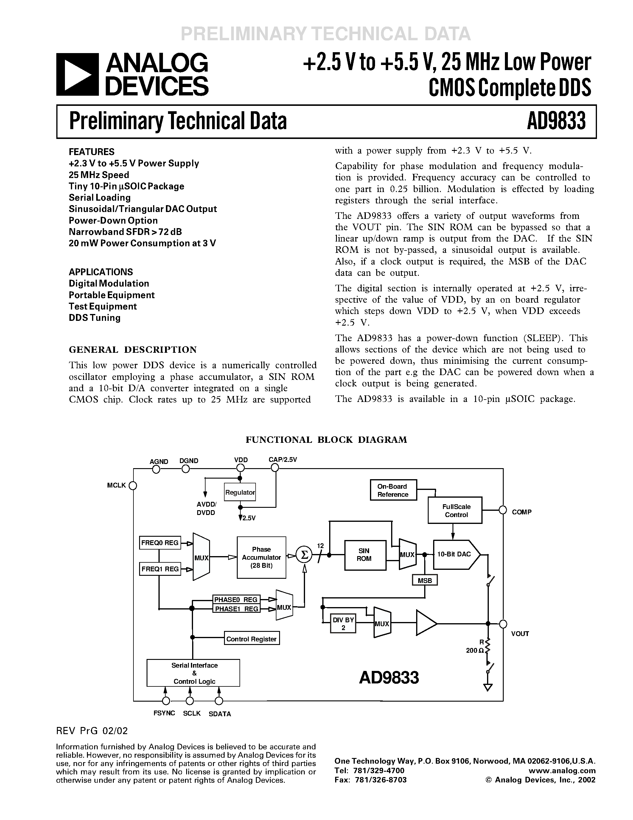 Даташит AD9833 - +2.5 V to +5.5 V/ 25 MHz Low Power CMOS Complete DDS страница 1