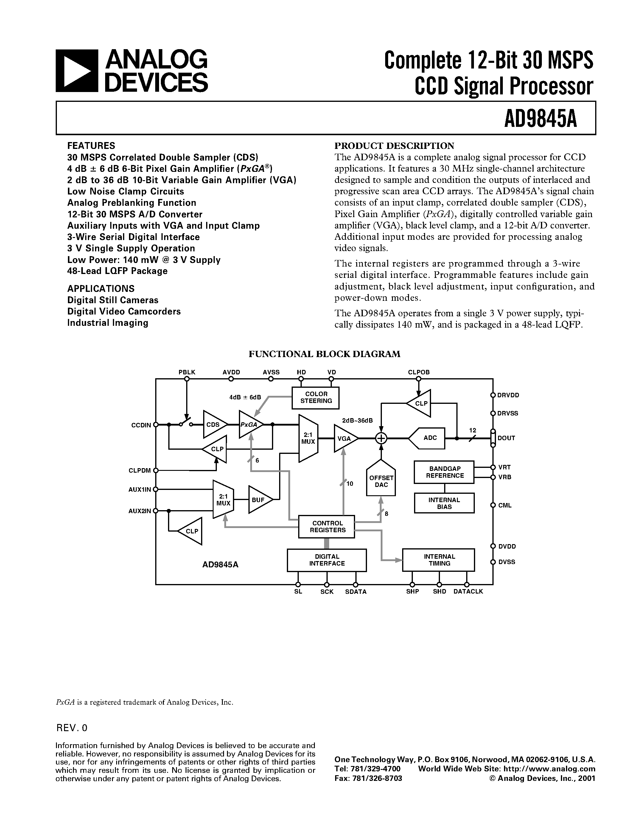 Datasheet AD9845 - Complete 12-Bit 30 MSPS CCD Signal Processor page 1