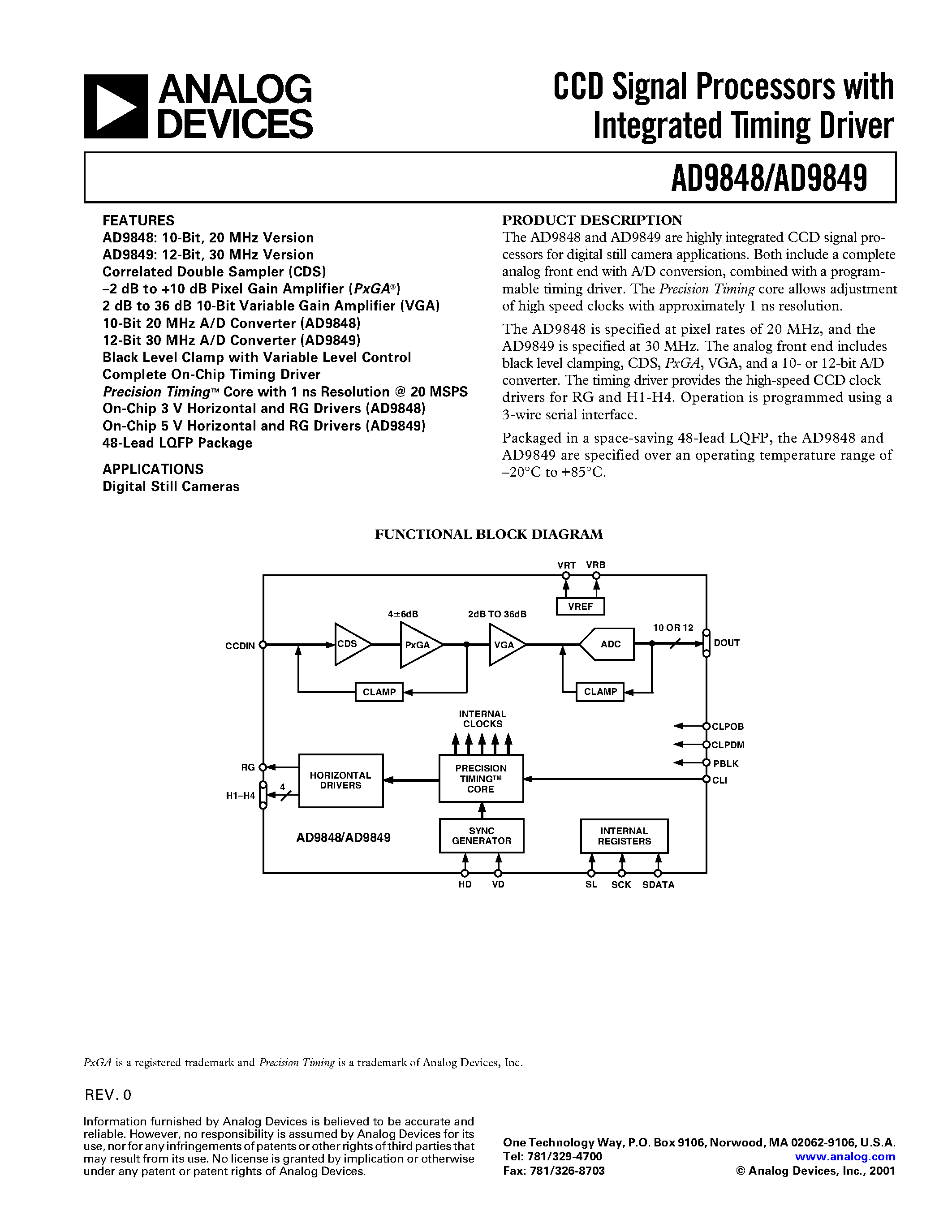 Datasheet AD9849KST - CCD Signal Processors with Integrated Timing Driver page 1