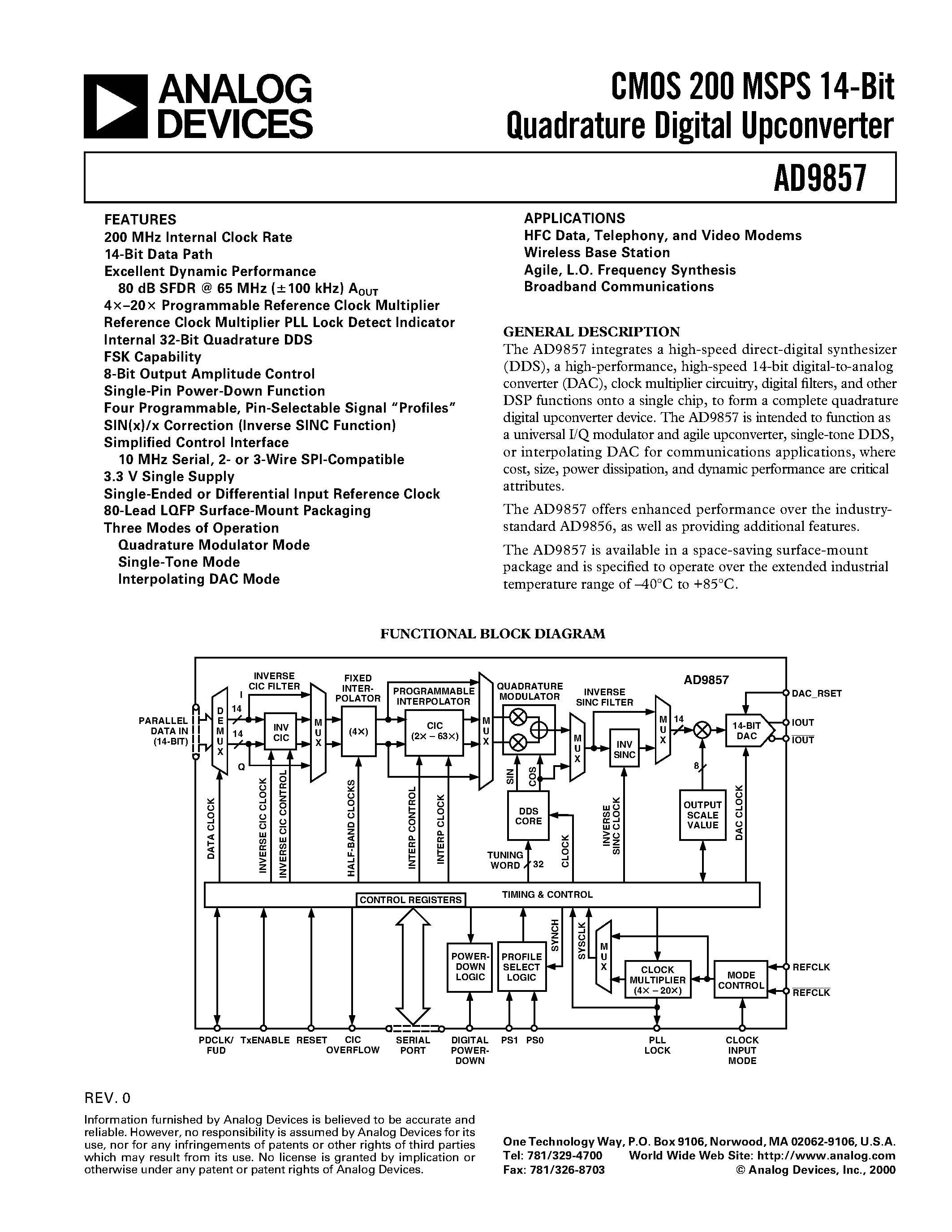 Datasheet AD9857 page 1 Datasheet AD9857 - CMOS 200 MSPS 14-Bit Quadrature Digital Upconverter page 1
