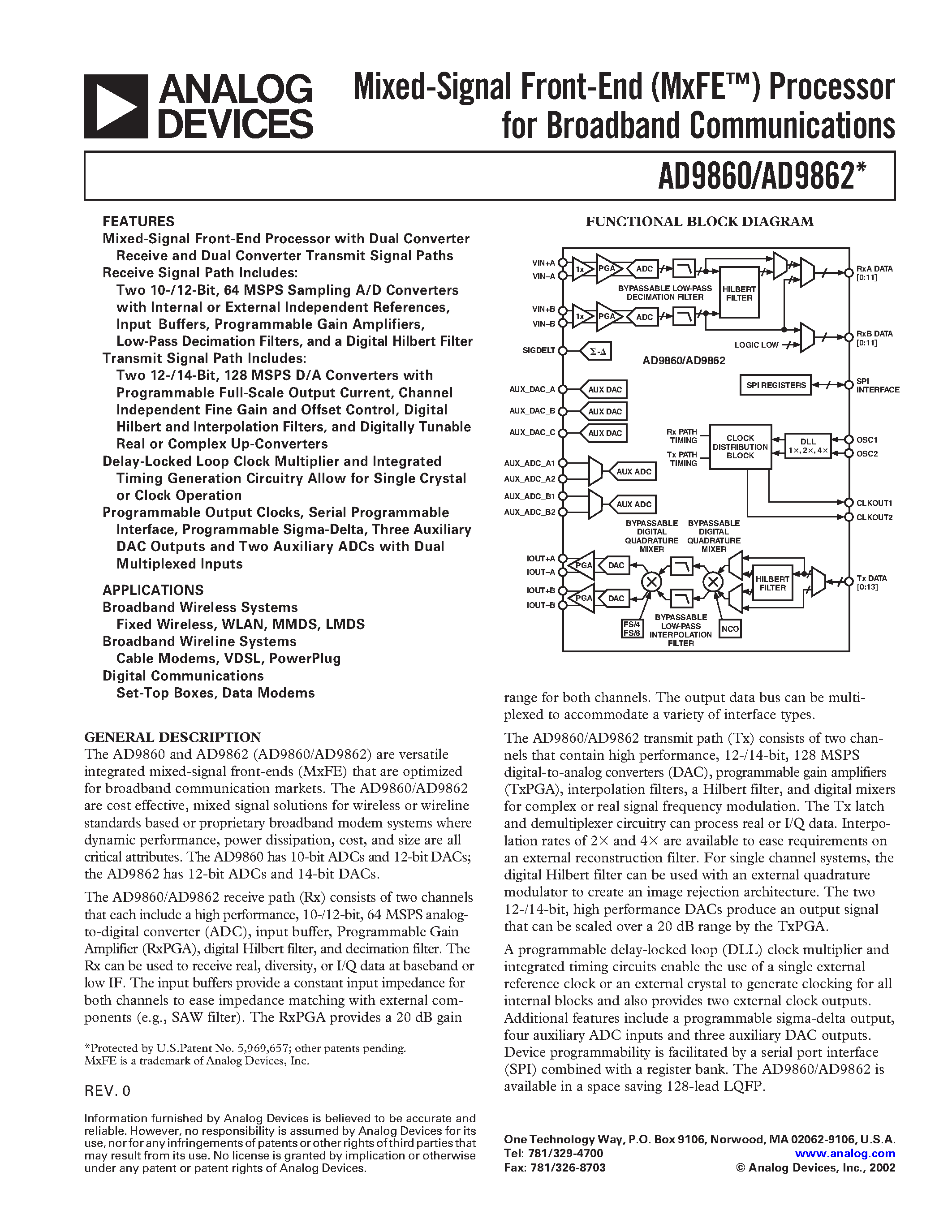 Datasheet AD9860BST page 1 Datasheet AD9860BST - Mixed-Signal Front-End (MxFE) Processor for Broadband Communications page 1