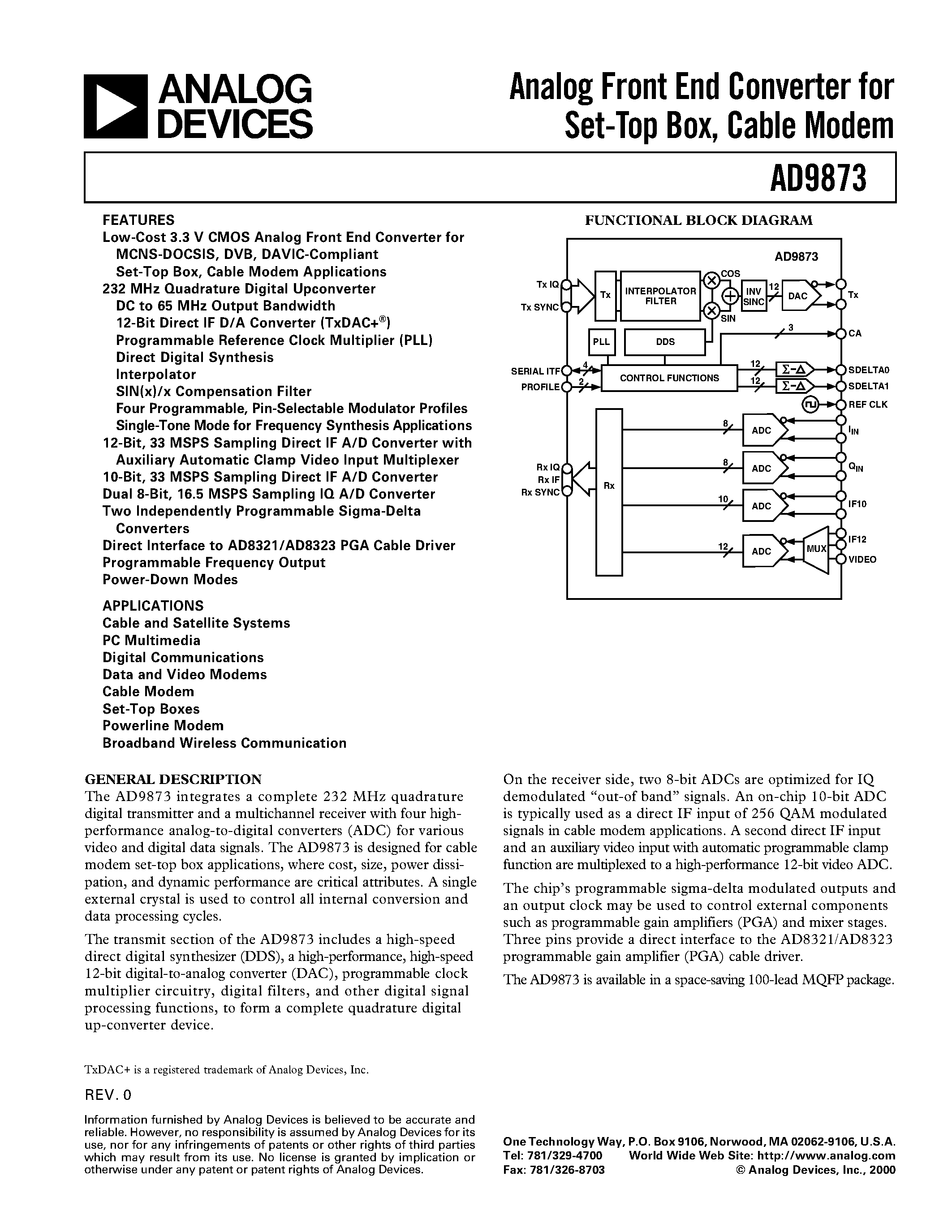Datasheet AD9873JS - Analog Front End Converter for Set-Top Box/ Cable Modem page 1