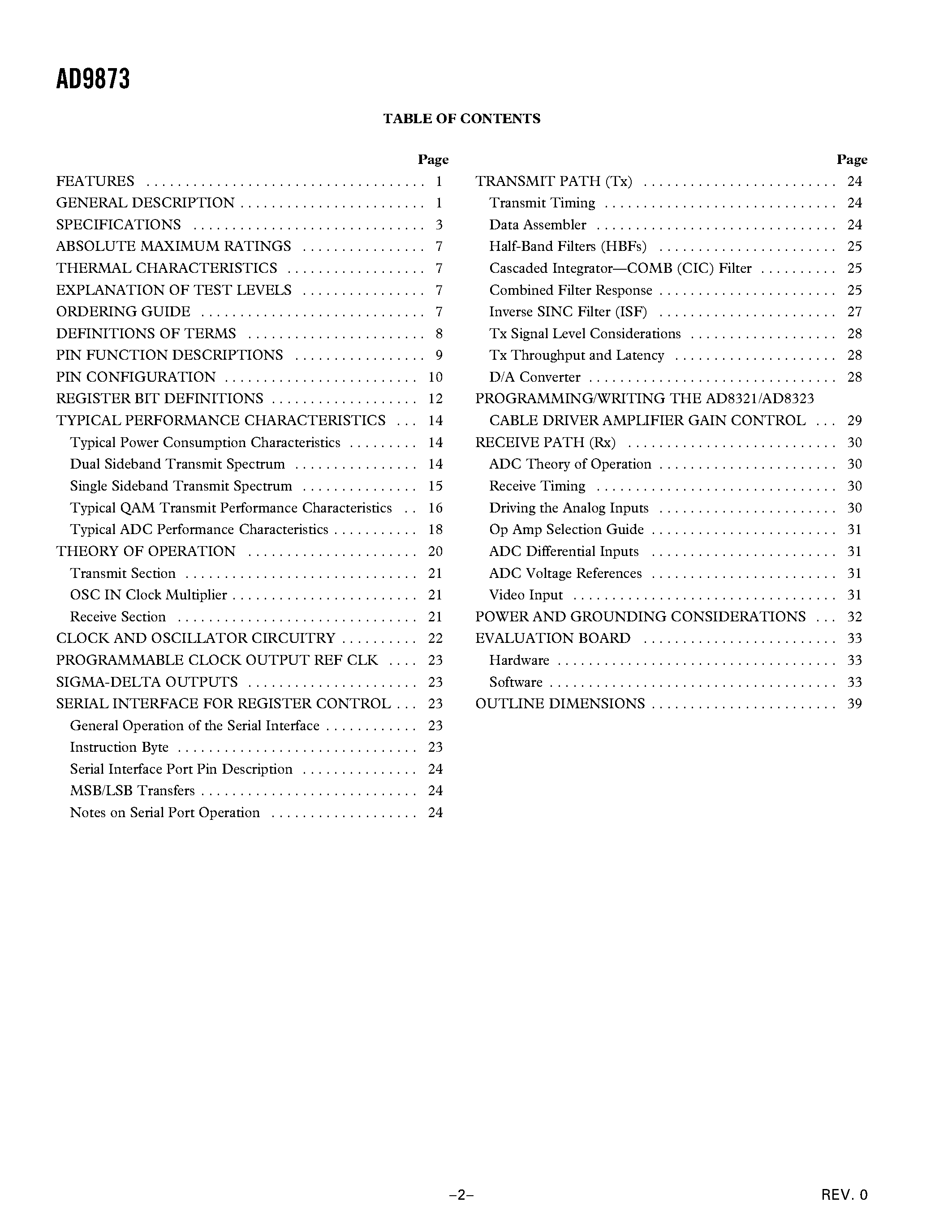 Datasheet AD9873JS - Analog Front End Converter for Set-Top Box/ Cable Modem page 2
