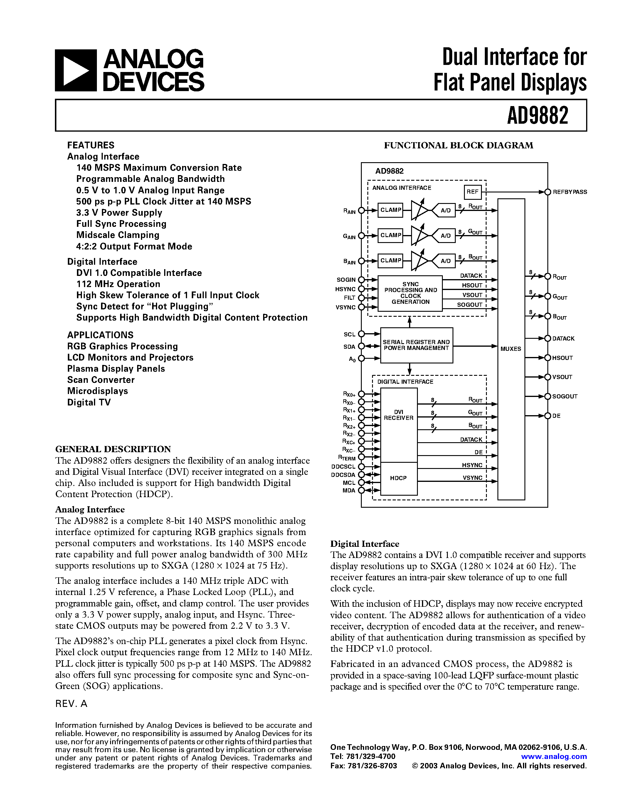 Datasheet AD9882KST-140 page 1 Datasheet AD9882KST-140 - Dual Interface for Flat Panel Displays page 1