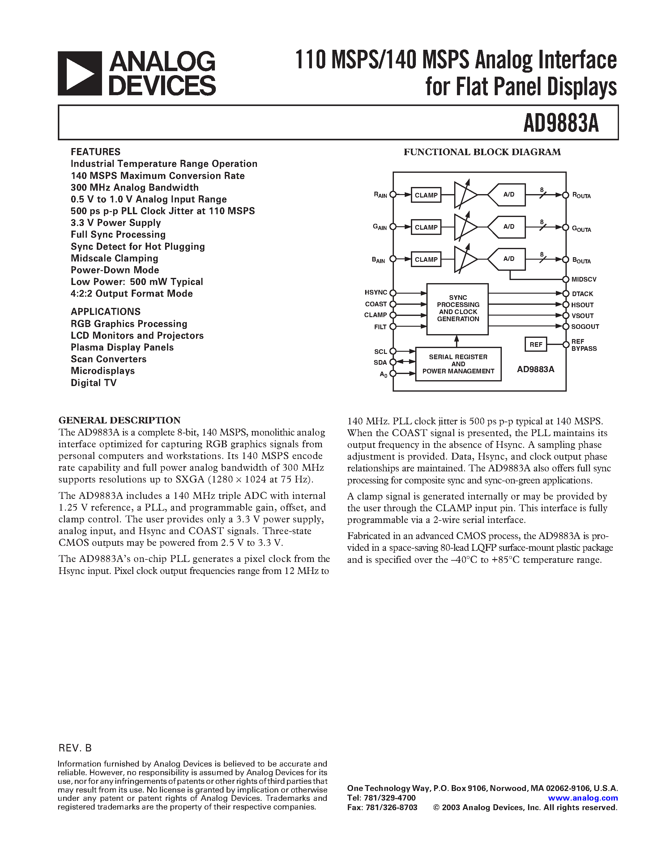 Datasheet AD9883ABST-RL110 page 1 Datasheet AD9883ABST-RL110 - 110 MSPS/140 MSPS Analog Interface for Flat Panel Displays page 1