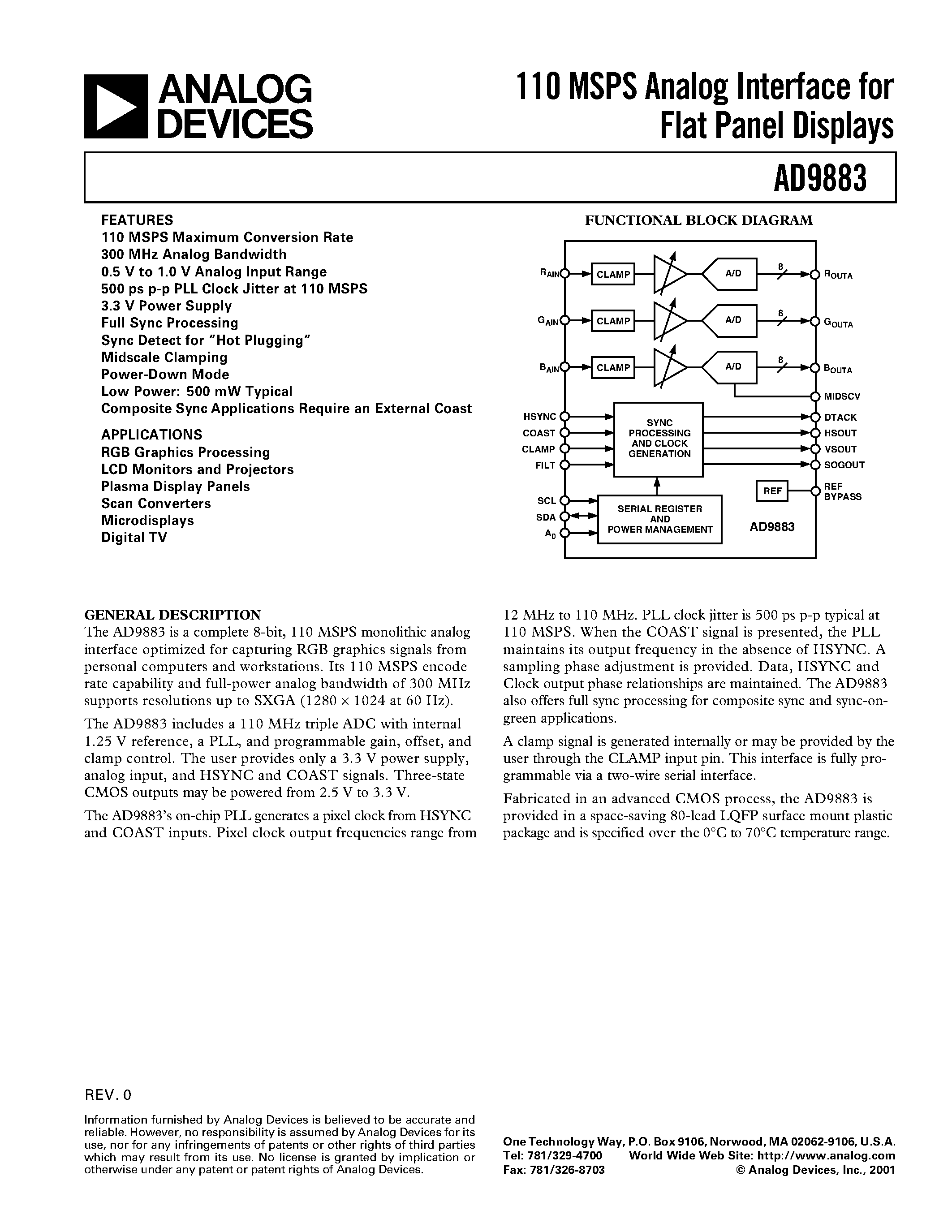 Datasheet AD9883KST-110 page 1 Datasheet AD9883KST-110 - 110 MSPS Analog Interface for Flat Panel Displays page 1