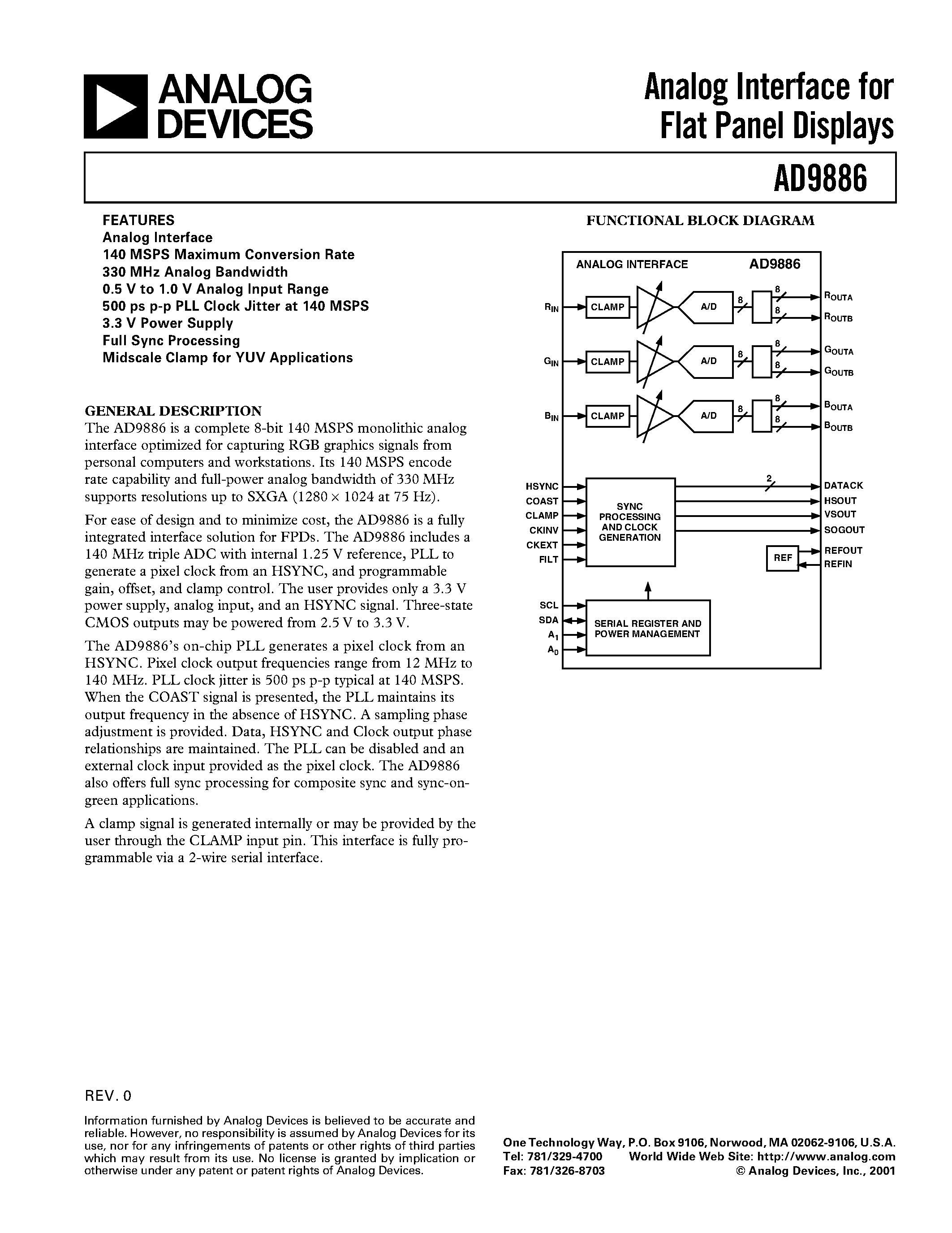 Даташит AD9886KS-100 - Analog Interface for Flat Panel Displays страница 1