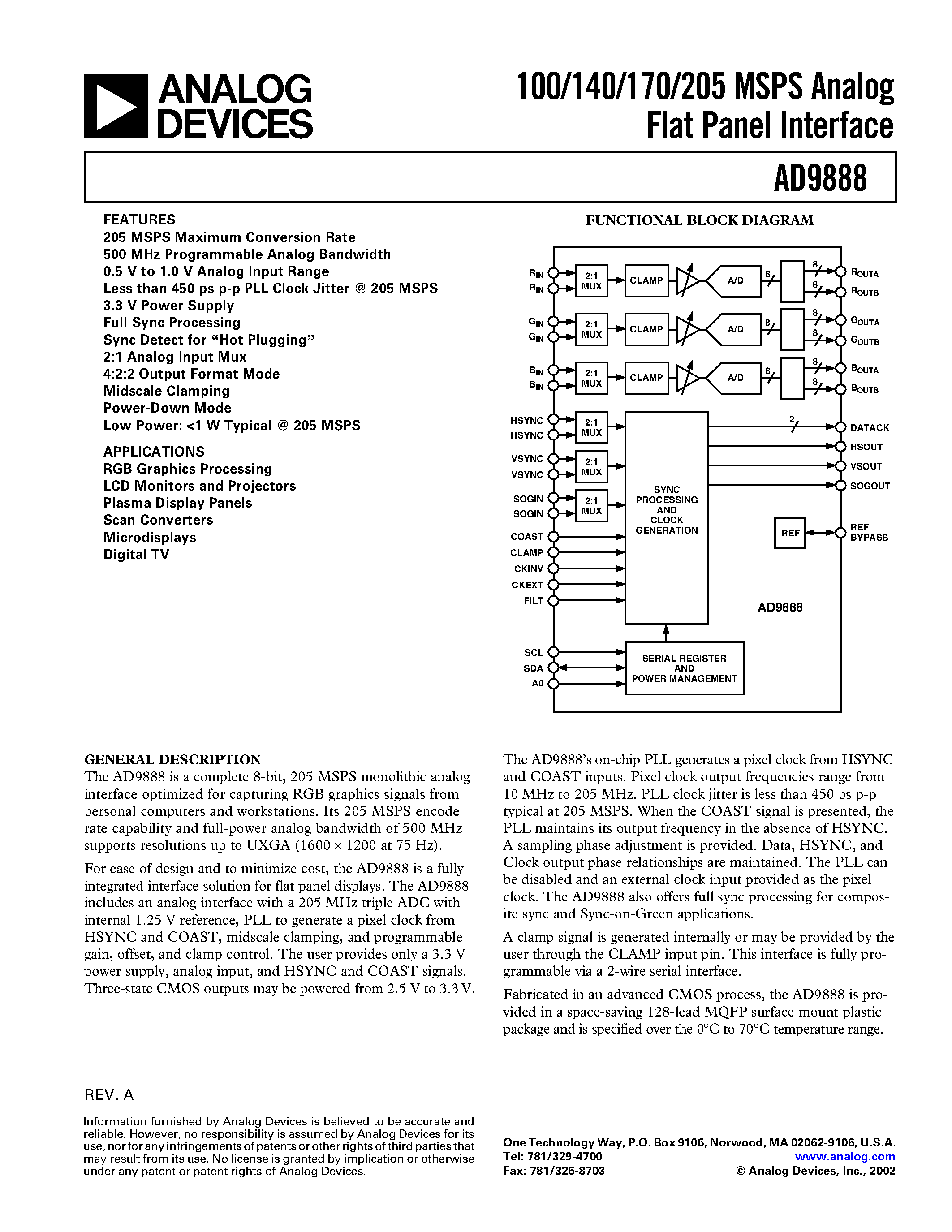 Datasheet AD9888KS-100 page 1 Datasheet AD9888KS-100 - 100/140/170/205 MSPS Analog Flat Panel Interface page 1