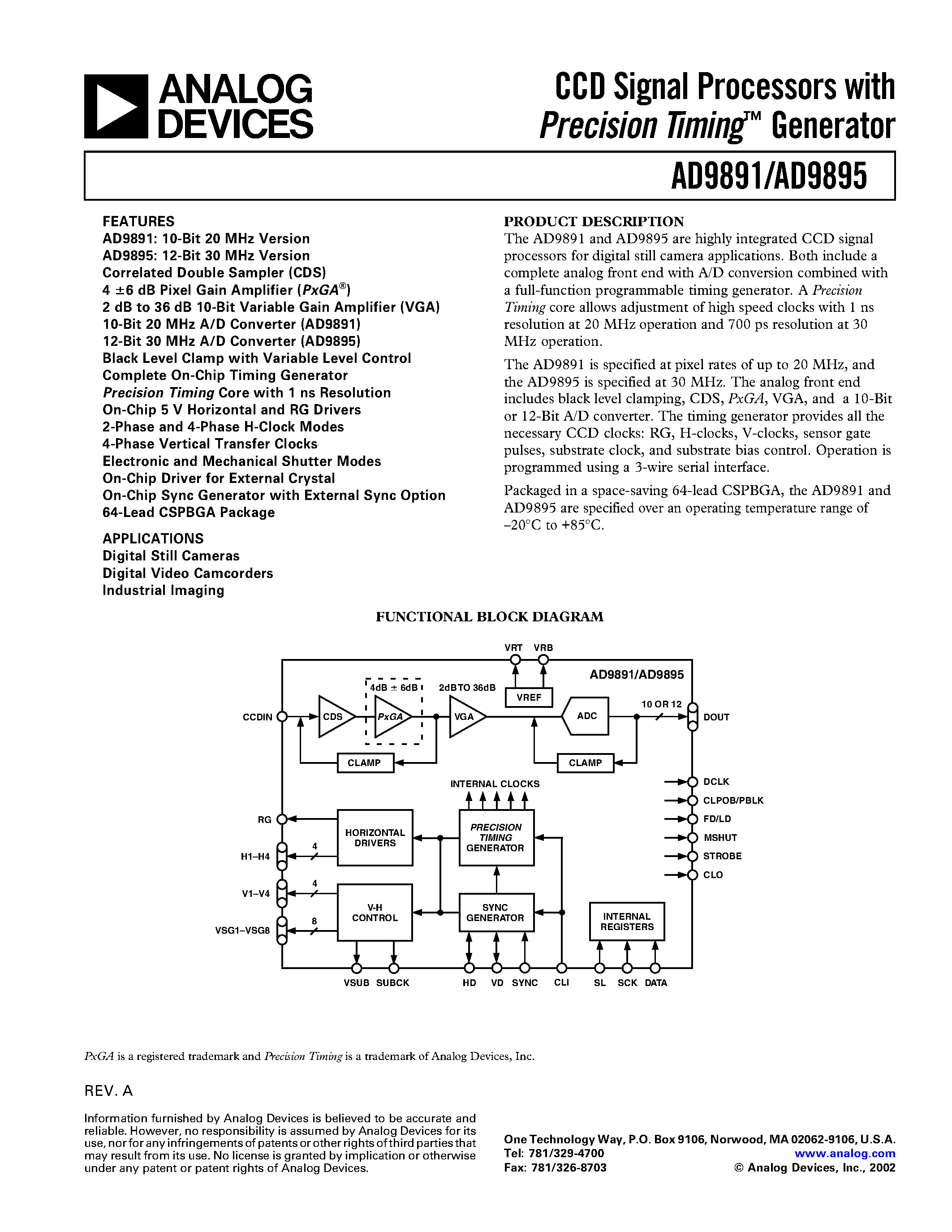 Datasheet AD9891 page 1 Datasheet AD9891 - CCD Signal Processors with Precision Timing Generator page 1