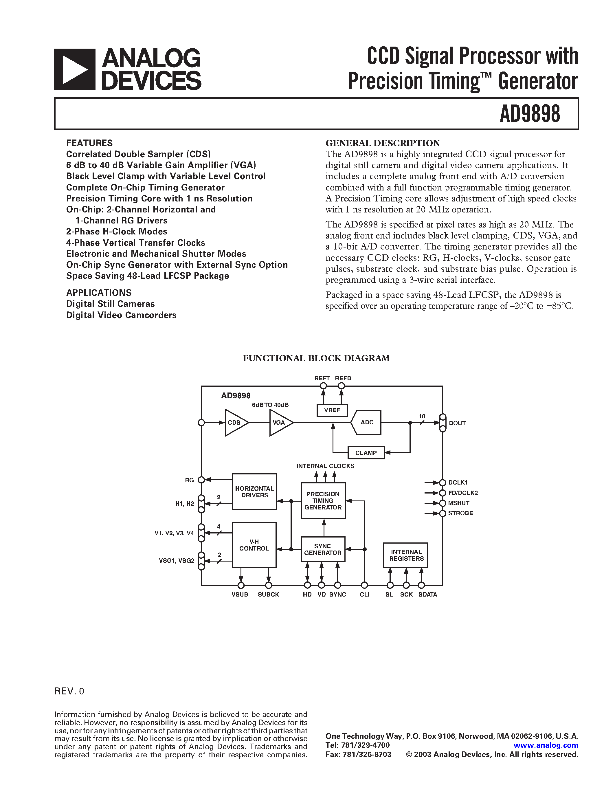 Datasheet AD9898KCPRL-20 page 1 Datasheet AD9898KCPRL-20 - CCD Signal Processor with Precision Timing Generator page 1