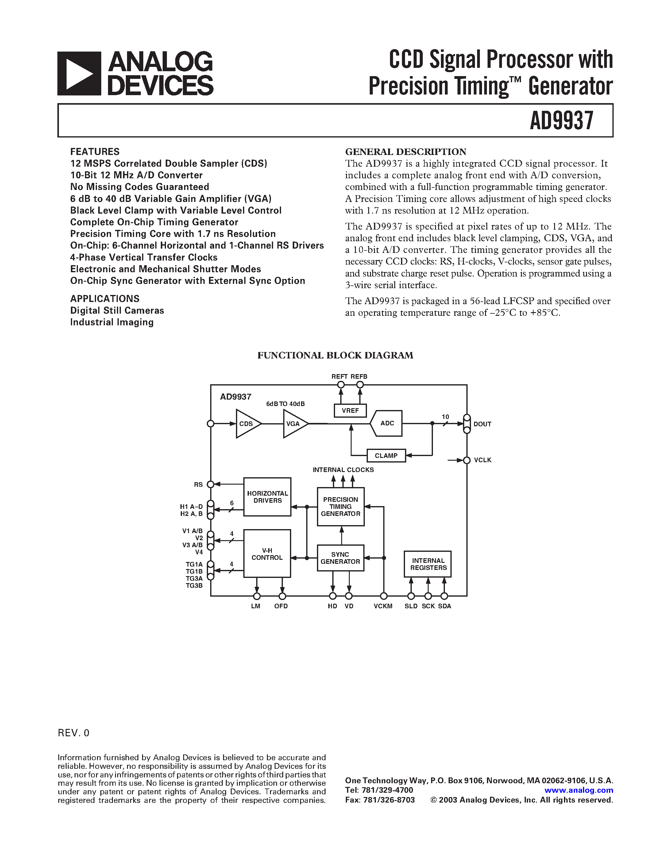 Datasheet AD9937KCP page 1 Datasheet AD9937KCP - CCD Signal Processor with Precision Timing Generator page 1