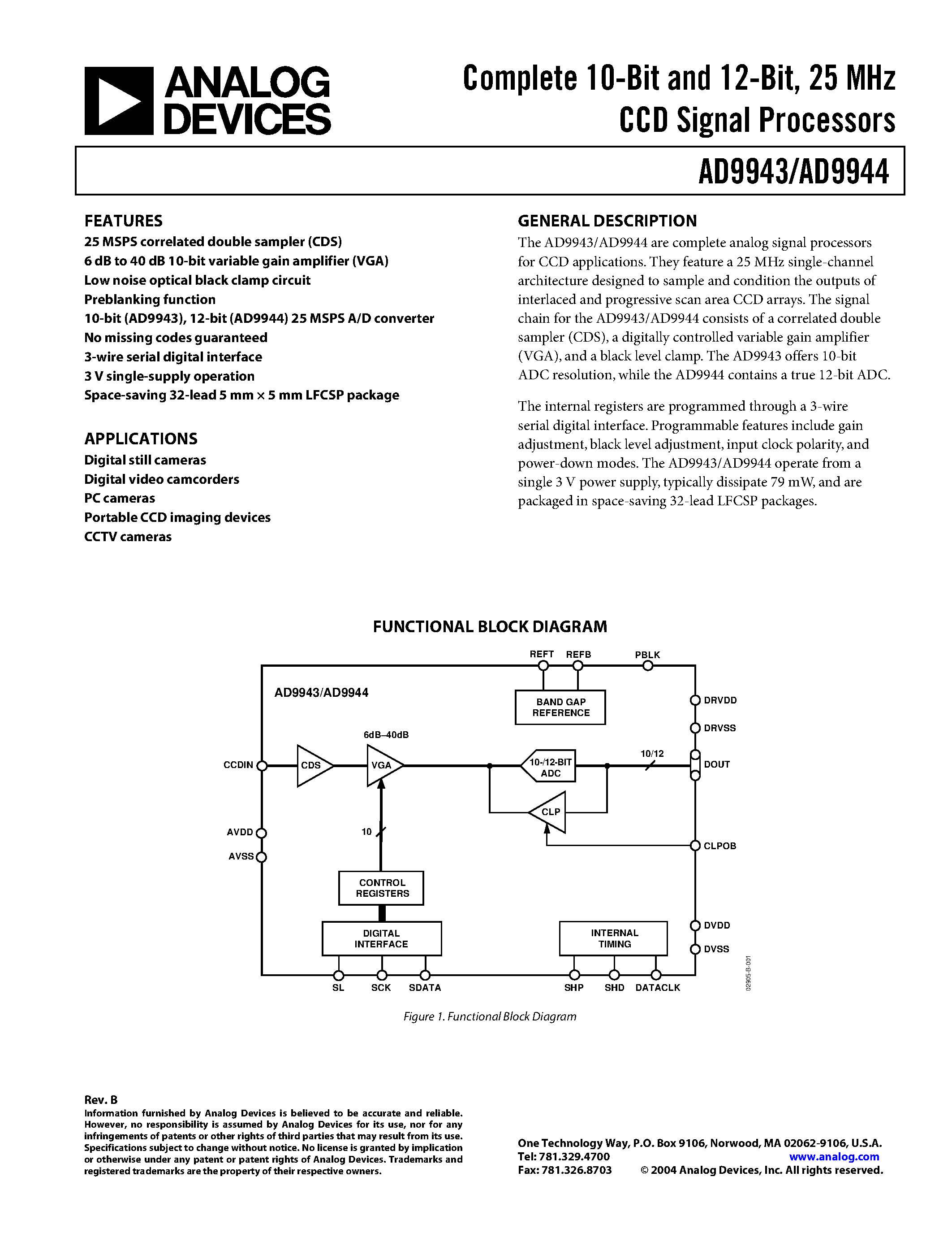 Даташит AD9943KCPZRL - Complete 10-Bit and 12-Bit/ 25 MHz CCD Signal Processors страница 1