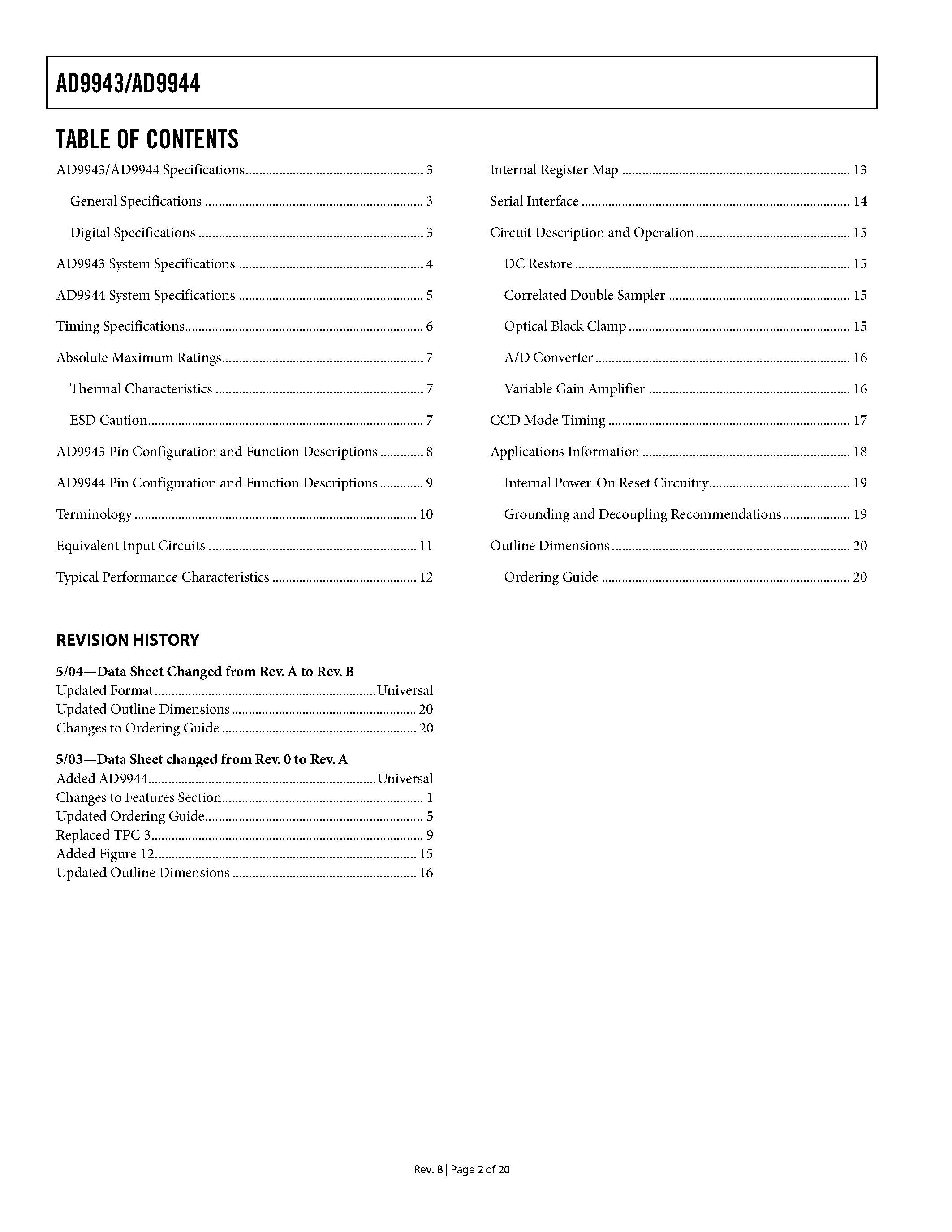 Datasheet AD9944 page 2 Datasheet AD9944 - Complete 10-Bit and 12-Bit/ 25 MHz CCD Signal Processors page 2