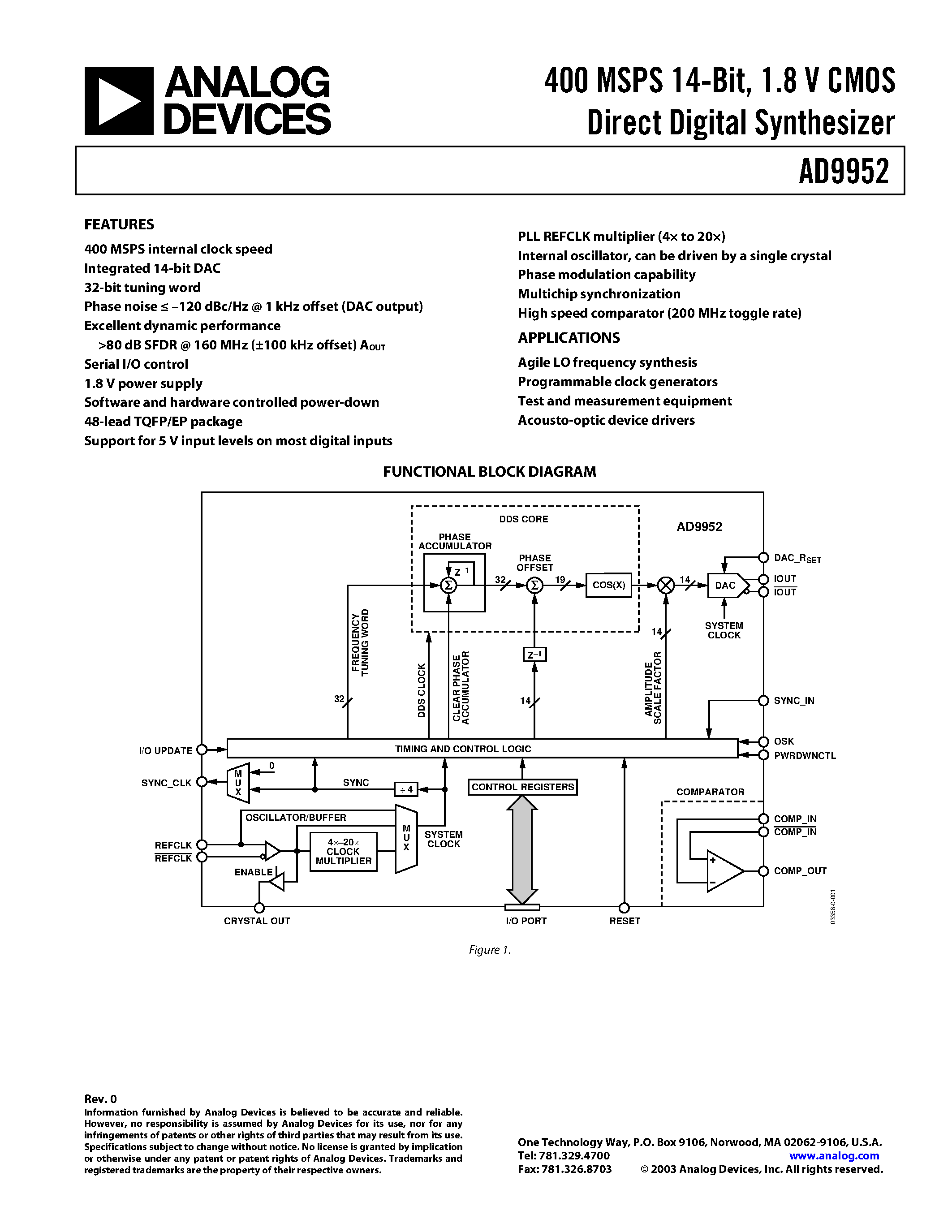 Datasheet AD9952YSV-REEL7 page 1 Datasheet AD9952YSV-REEL7 - 400 MSPS 14-Bit/ 1.8 V CMOS Direct Digital Synthesizer page 1