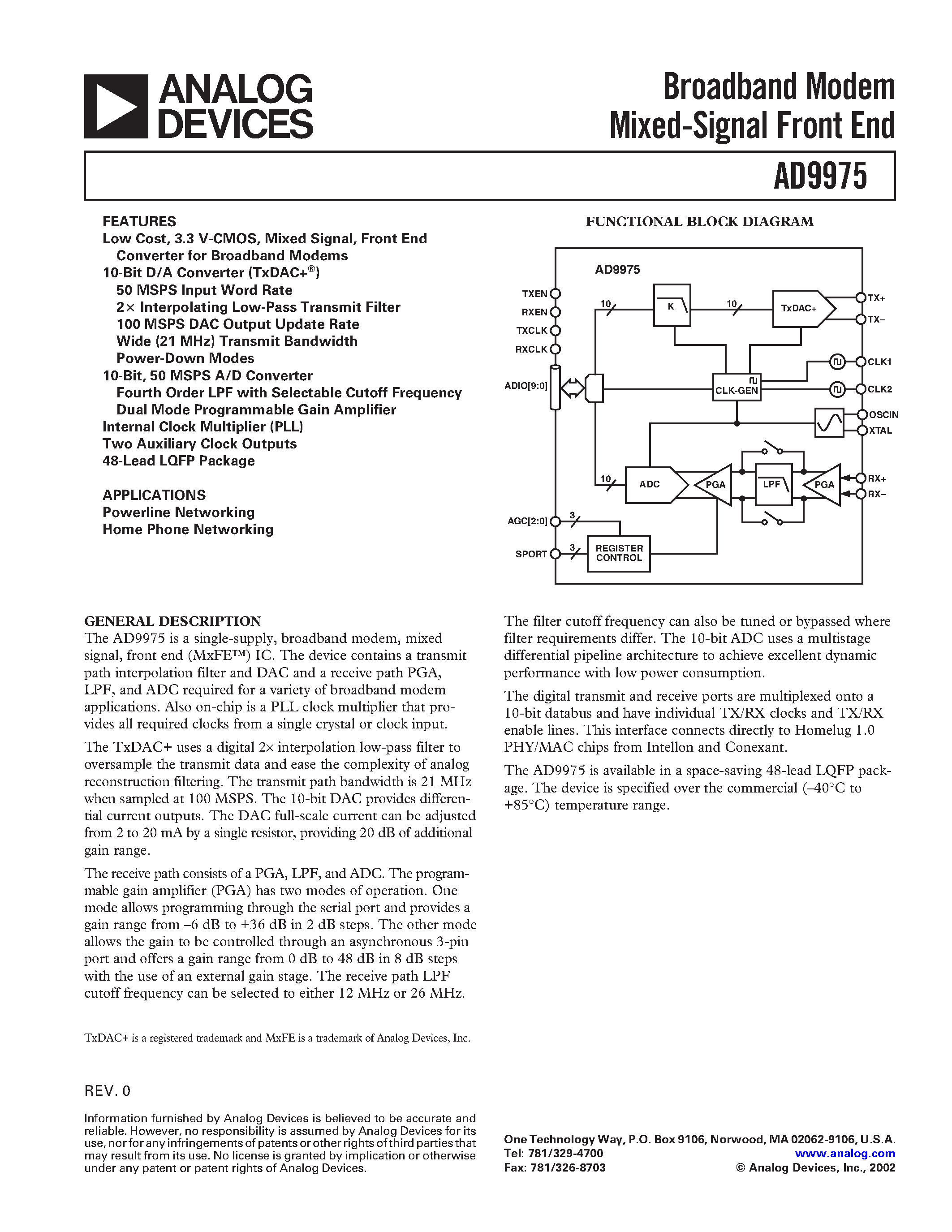 Datasheet AD9975 - Broadband Modem Mixed-Signal Front End page 1
