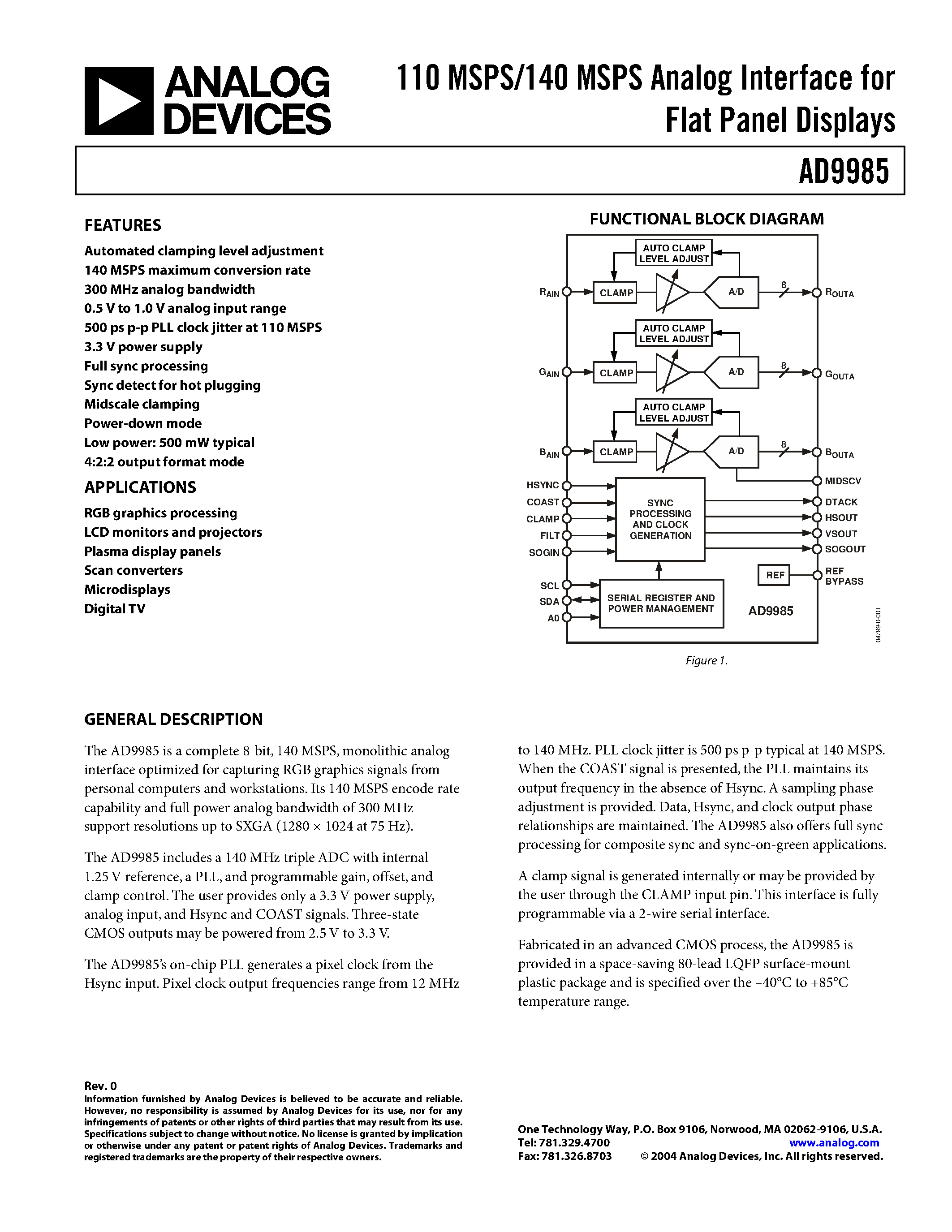 Даташит AD9985KSTZ-110 - 110 MSPS/140 MSPS Analog Interface for Flat Panel Displays страница 1