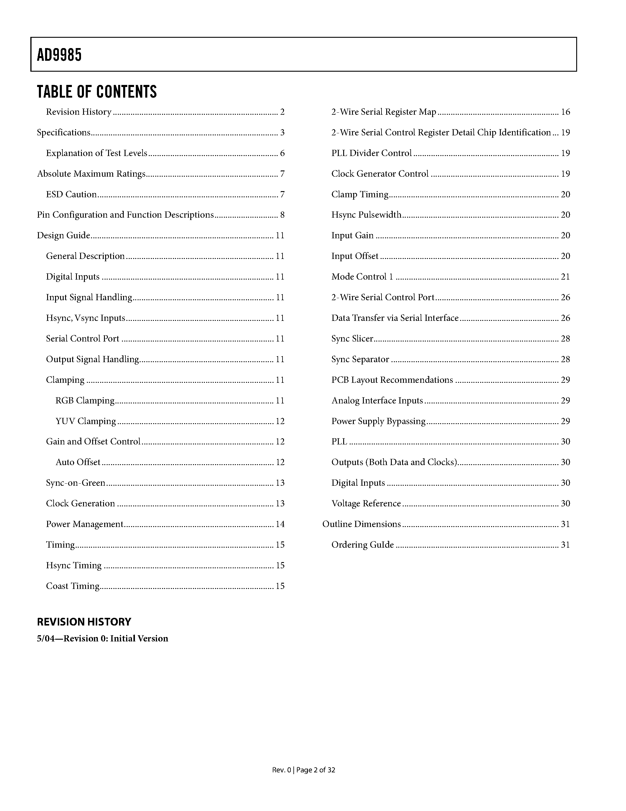 Datasheet AD9985KSTZ-110 - 110 MSPS/140 MSPS Analog Interface for Flat Panel Displays page 2