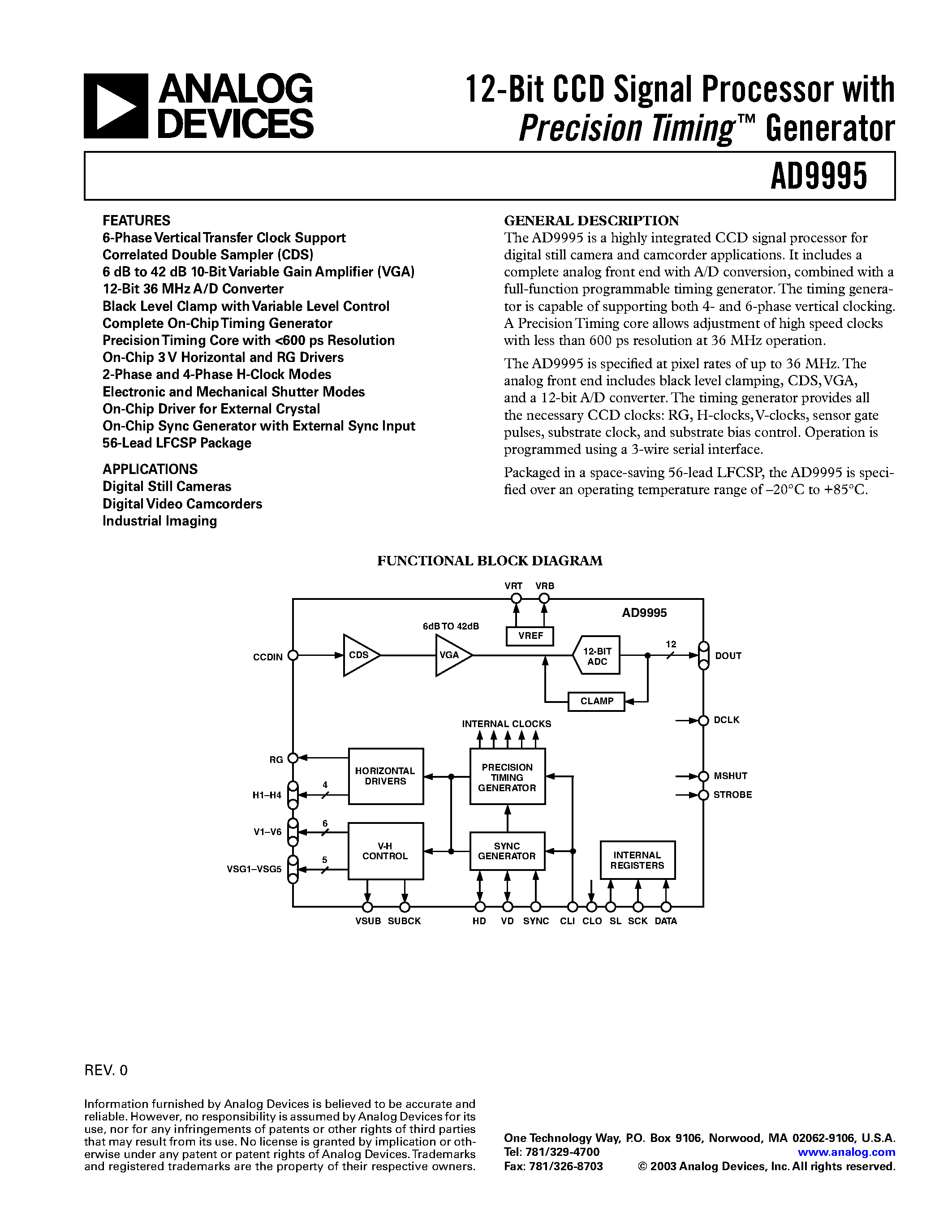 Даташит AD9995 - 12-Bit CCD Signal Processor with Precision Timing Generator страница 1