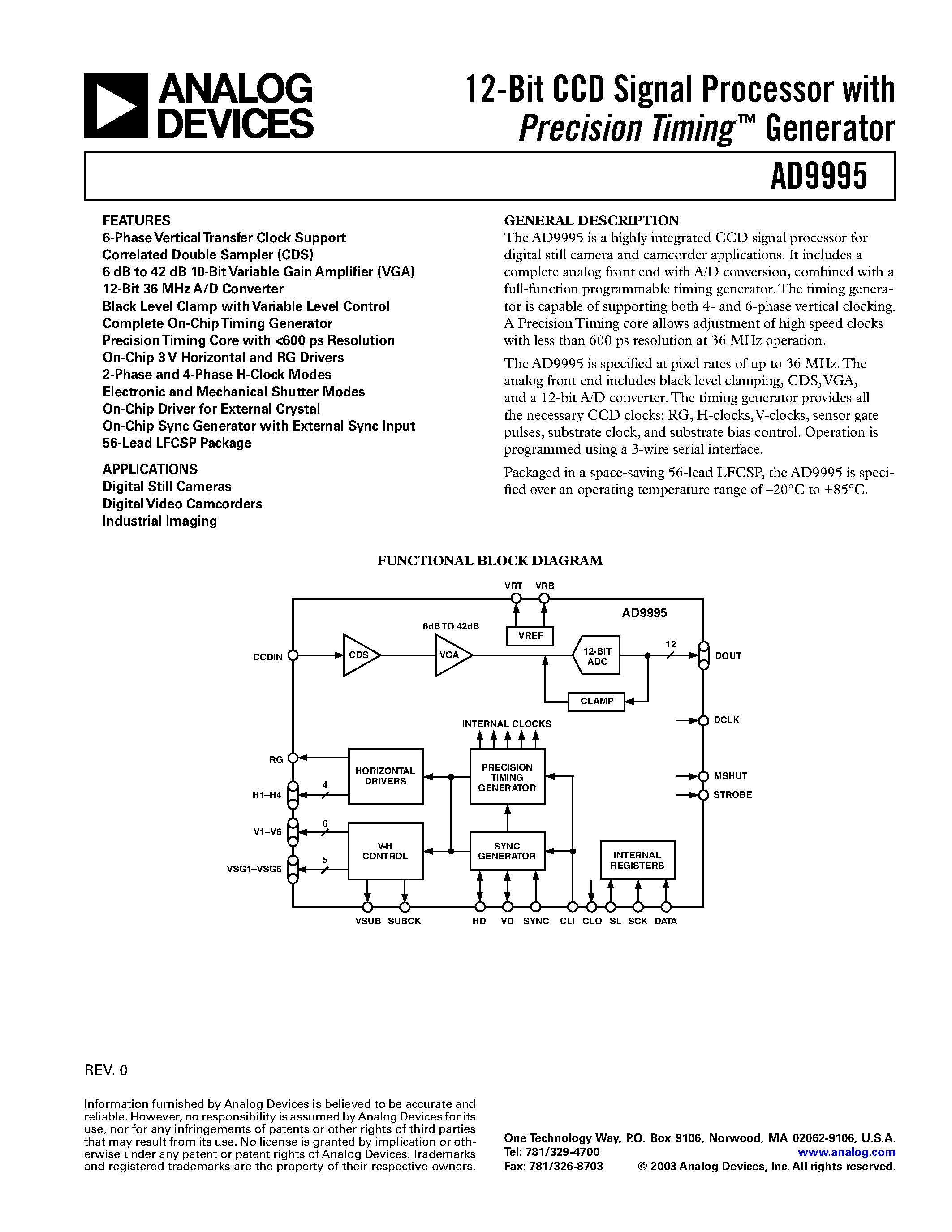 Datasheet AD9995KCPRL page 1 Datasheet AD9995KCPRL - 12-Bit CCD Signal Processor with Precision Timing Generator page 1