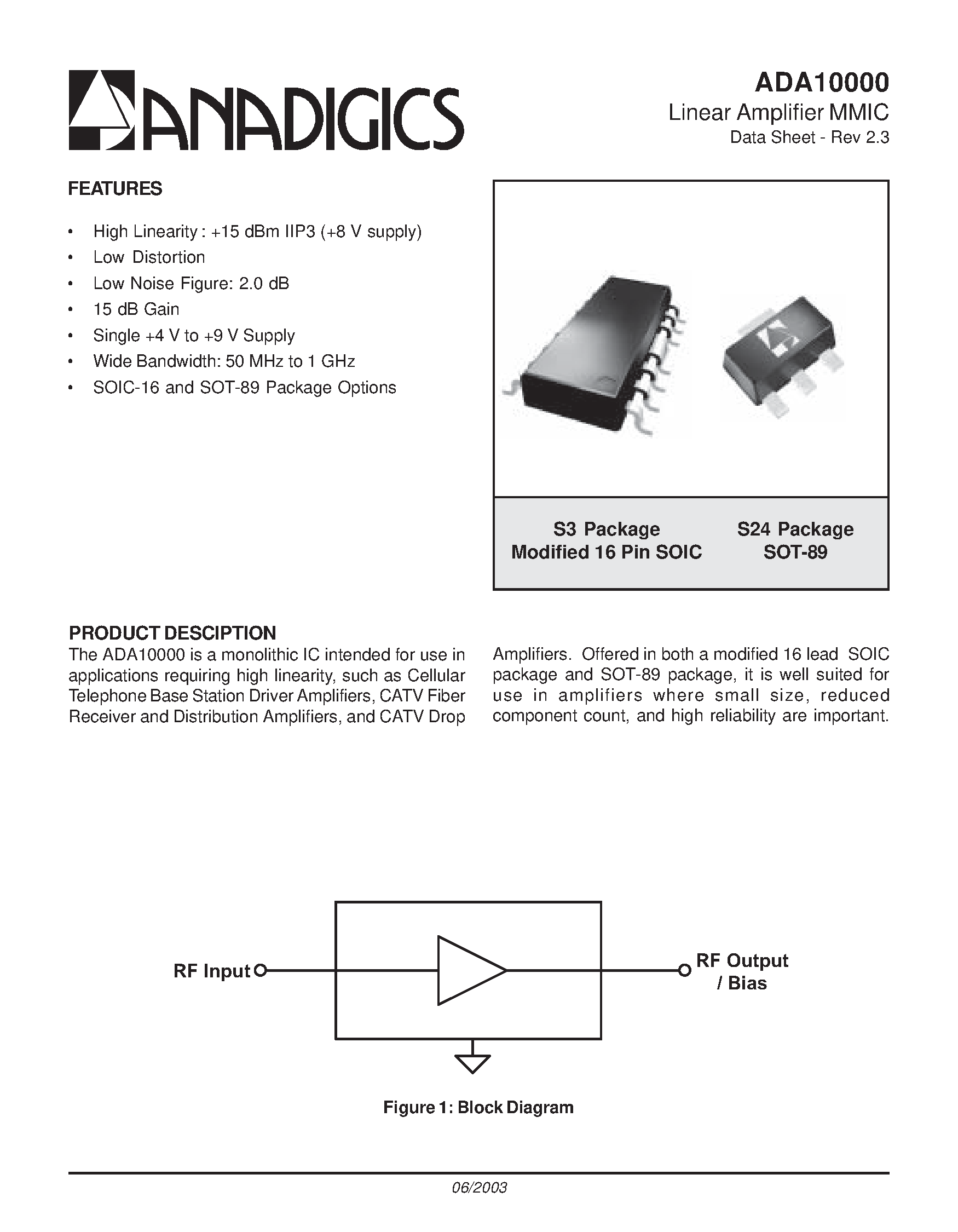Даташит на микросхему ADA10000S3CTR страница 1 Даташит ADA10000S3CTR - Linear Amplifier MMIC Data Sheet - Rev 2.3 страница 1