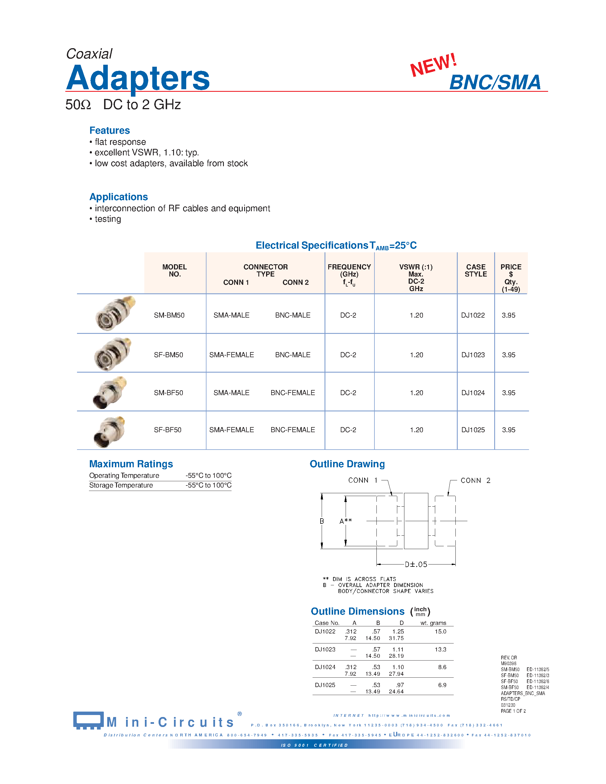 Даташит ADAPTERS_BNC_SMA - 50OHM DC to 2 GHz страница 1