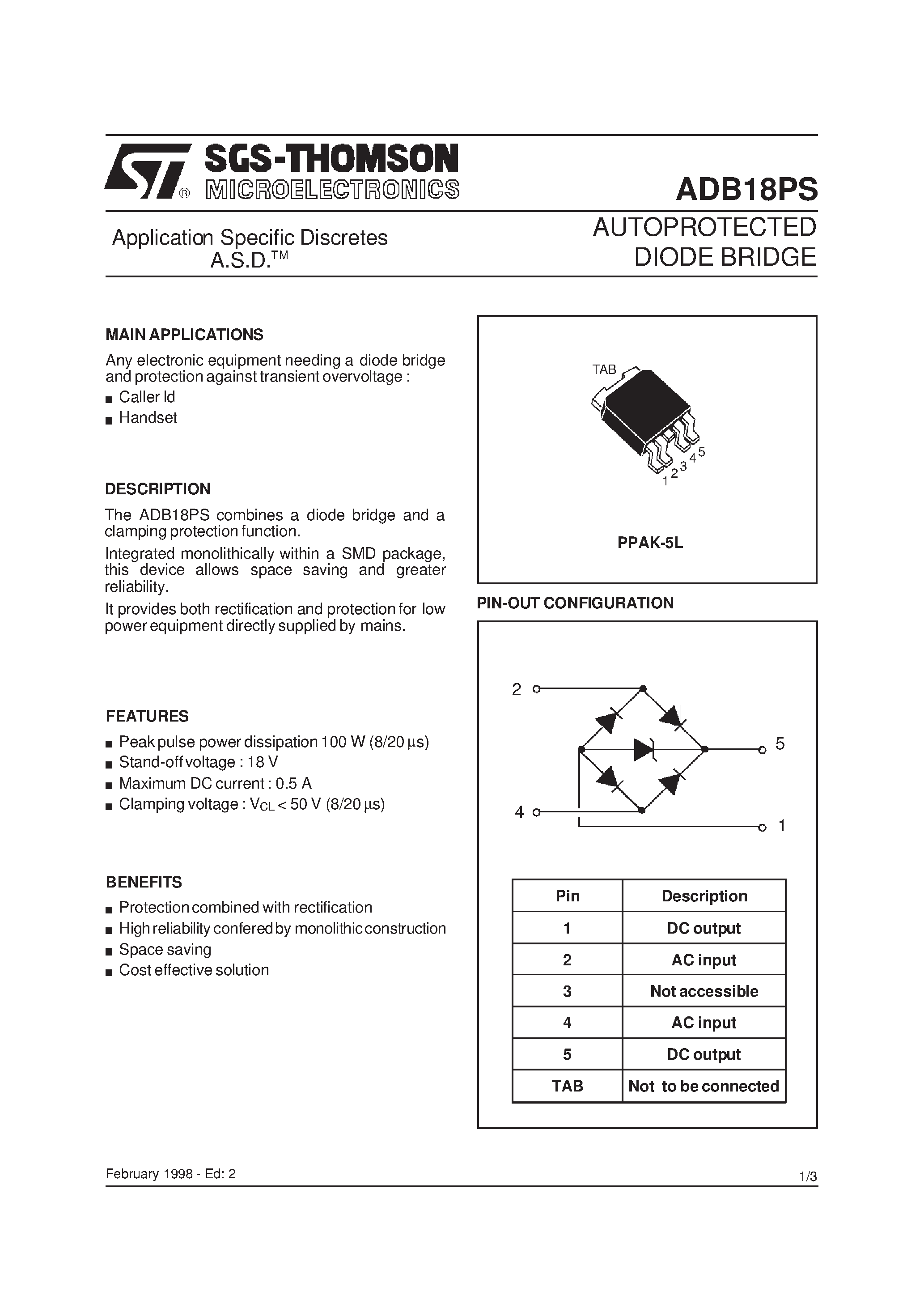 Datasheet ADB18PS - AUTOPROTECTED DIODE BRIDGE page 1