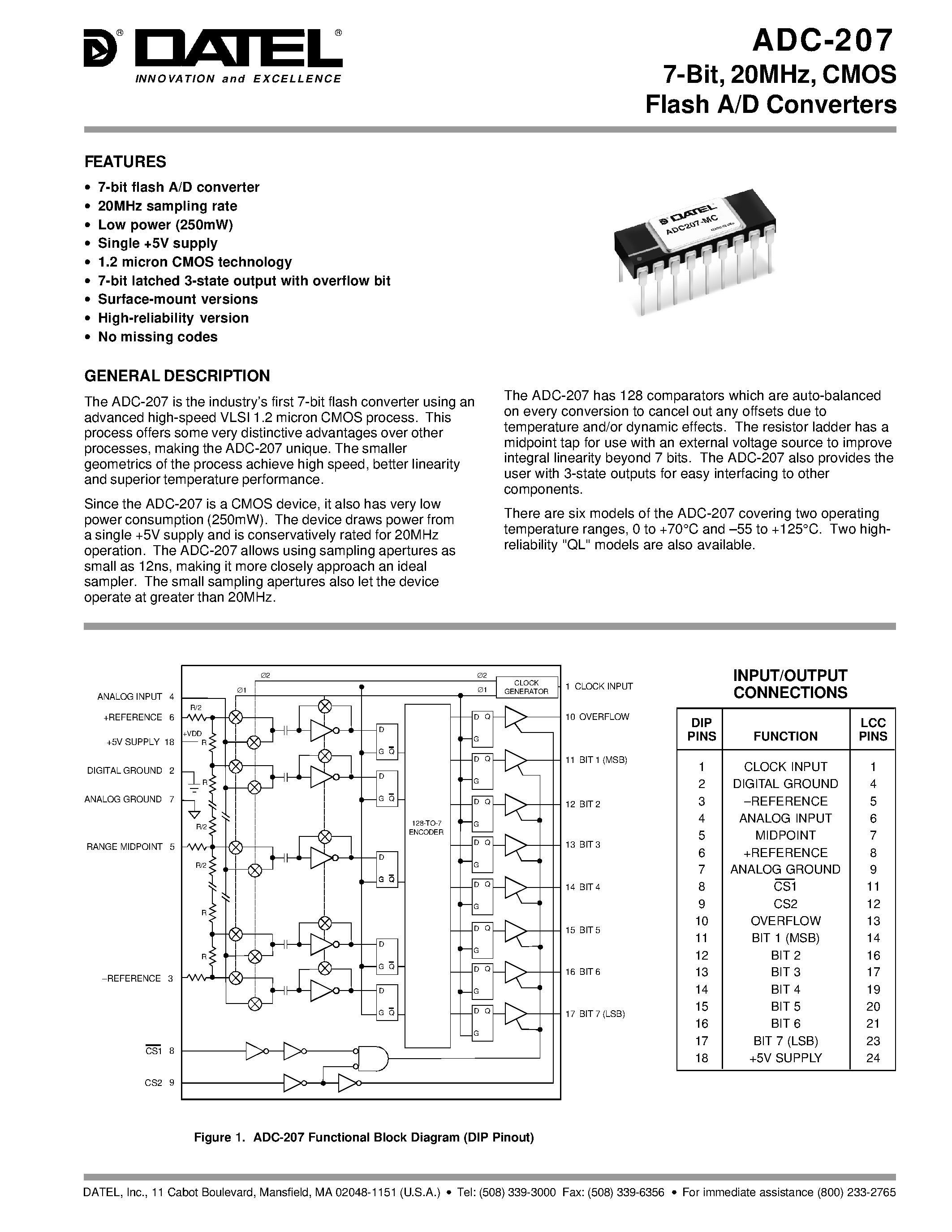 Datasheet ADC-207MM-QL - 7- BIT 20MHZ CMOS FLASH A/D CONVERTERS page 1