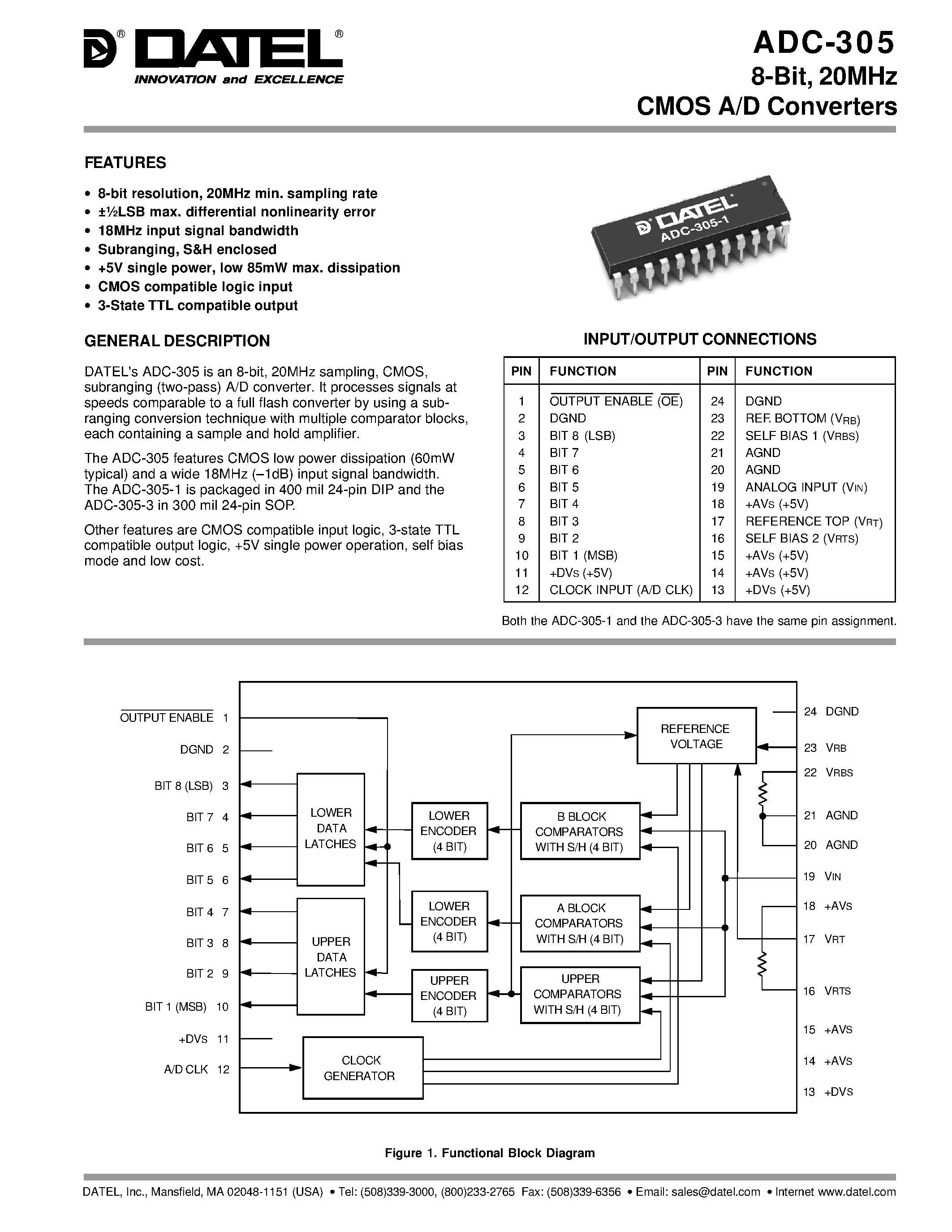 Datasheet ADC-305-1 - 8-Bit/ 20MHz CMOS A/D Converters page 1