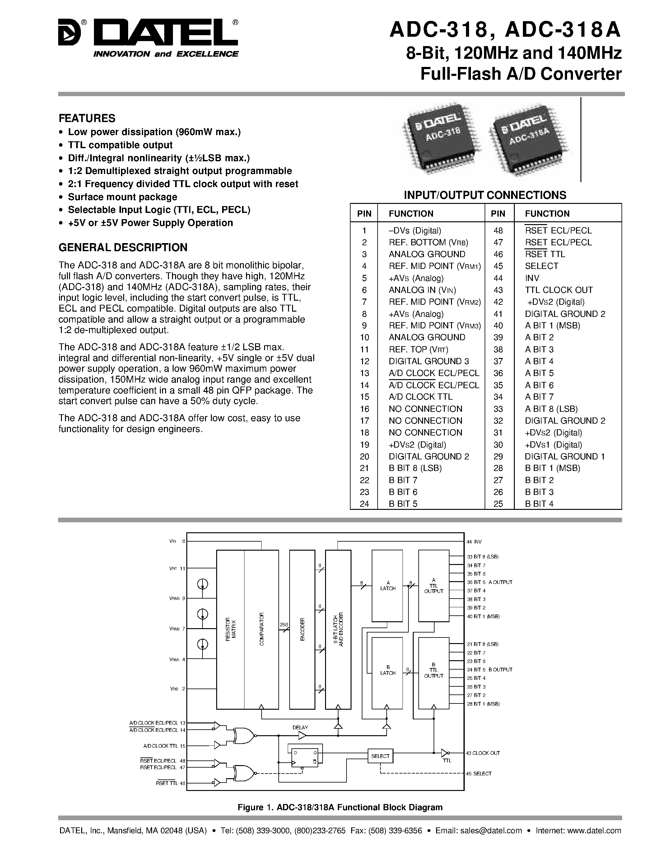 Даташит ADC-318 - 8-Bit/ 120MHz and 140MHz Full-Flash A/D Converter страница 1