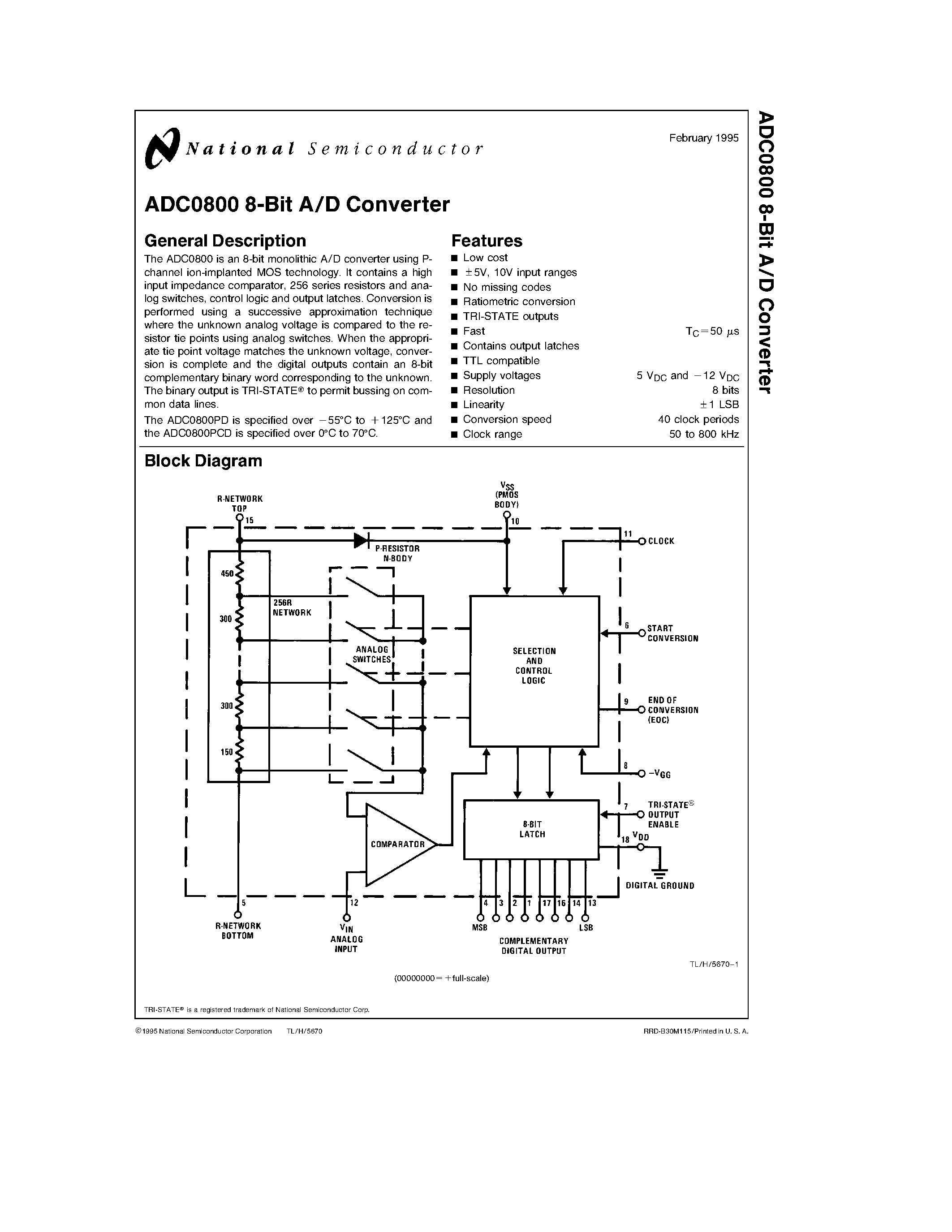Datasheet ADC0800PCD page 1 Datasheet ADC0800PCD - ADC0800 8-Bit A/D Converter page 1