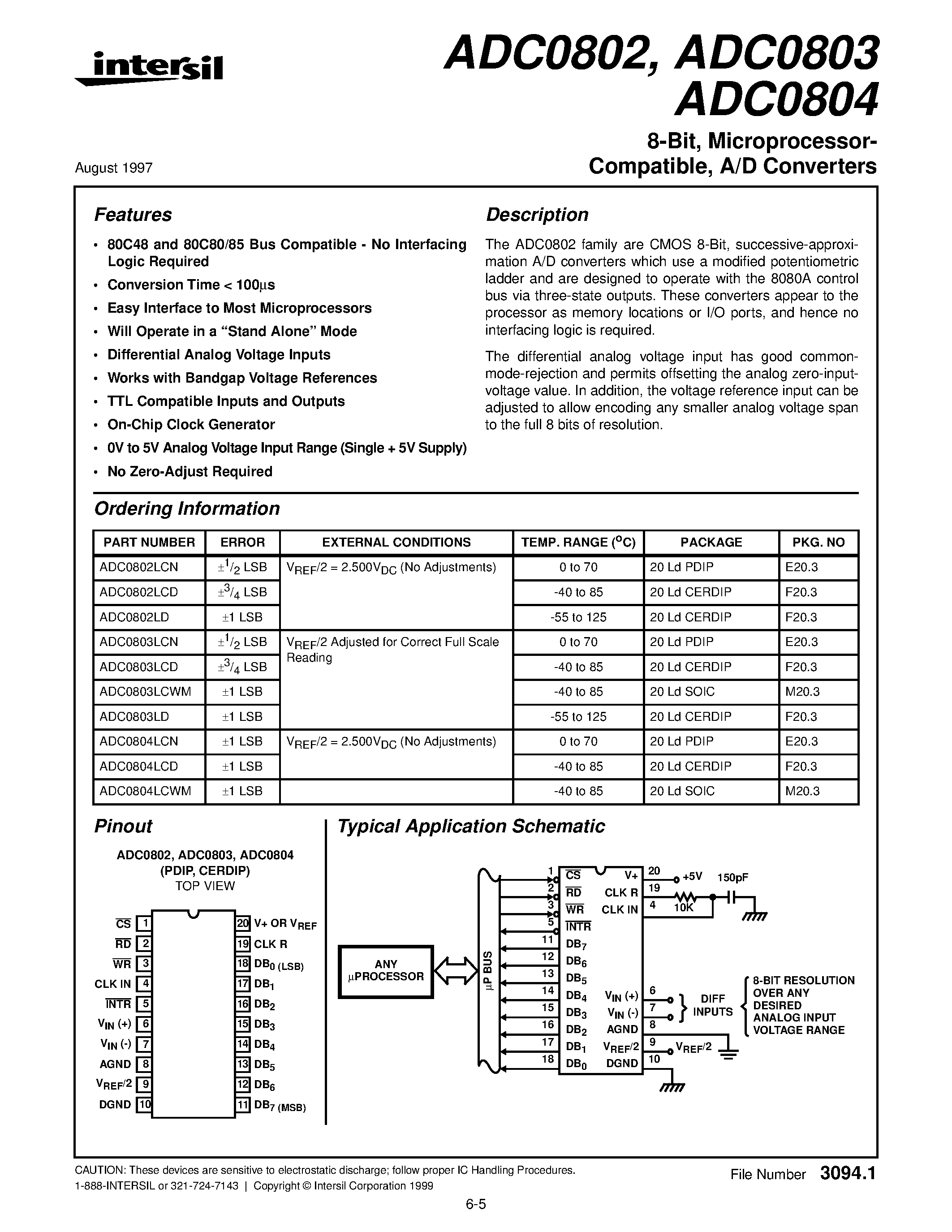 Даташит на микросхему ADC0802LCD страница 1 Даташит ADC0802LCD - 8-Bit/ Microprocessor- Compatible/ A/D Converters страница 1